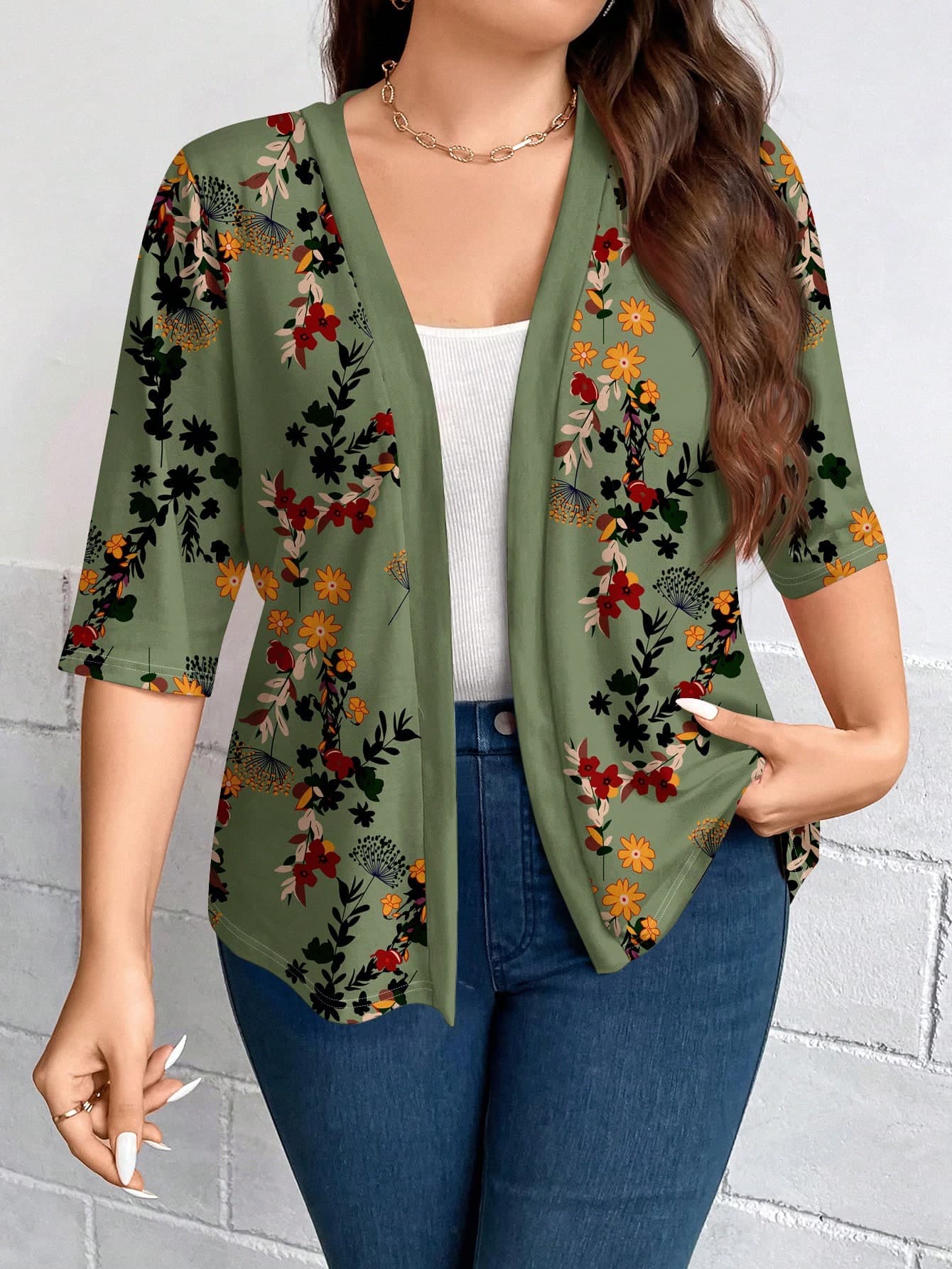 SHEIN LUNE Casual Retro Floral Pattern Mid-Sleeve Open Front Plus Size Jacket, Autumn And Winter