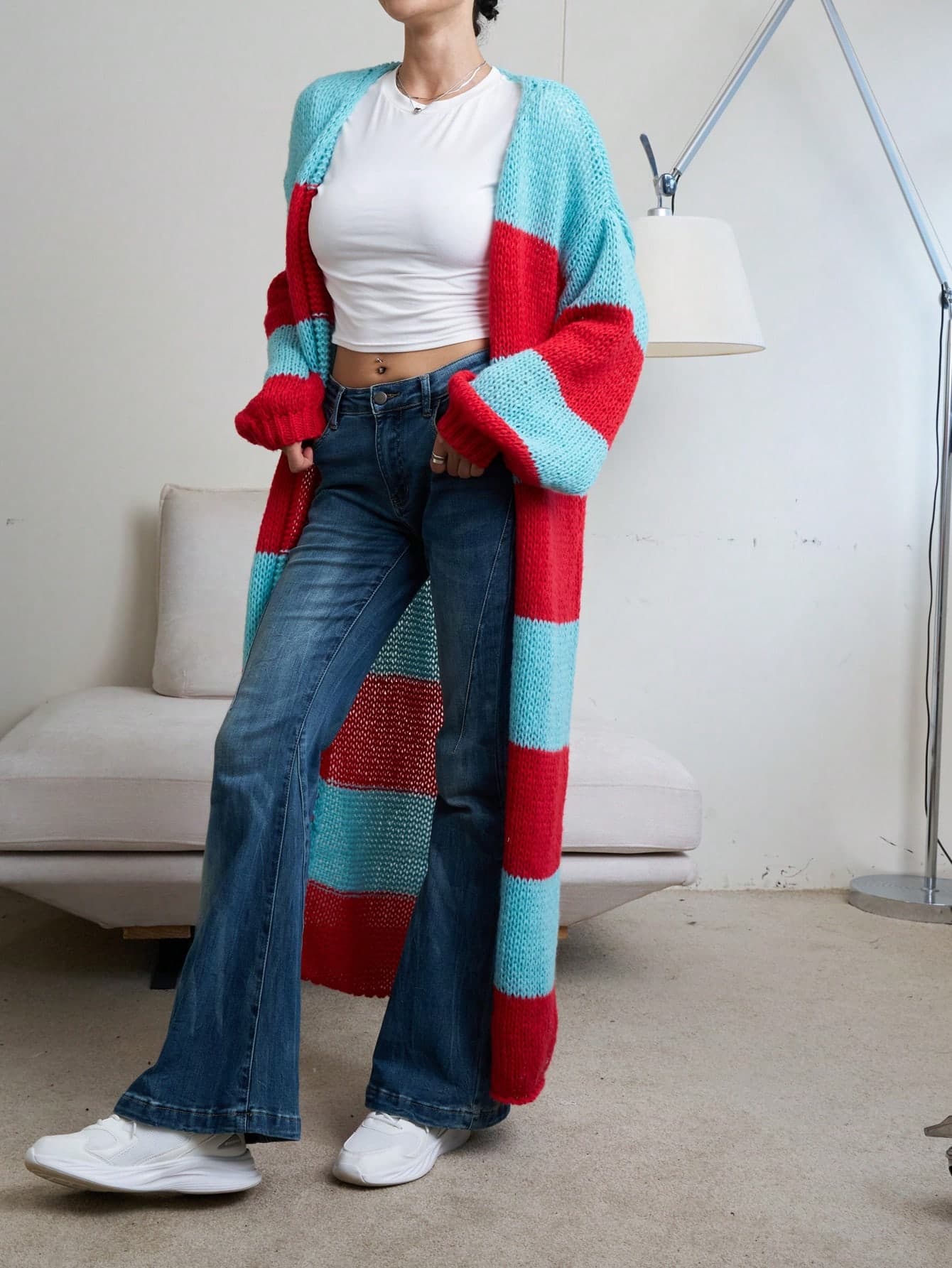 INAWLY Women's Casual Colorblock Striped Long Jacket, Autumn/Winter