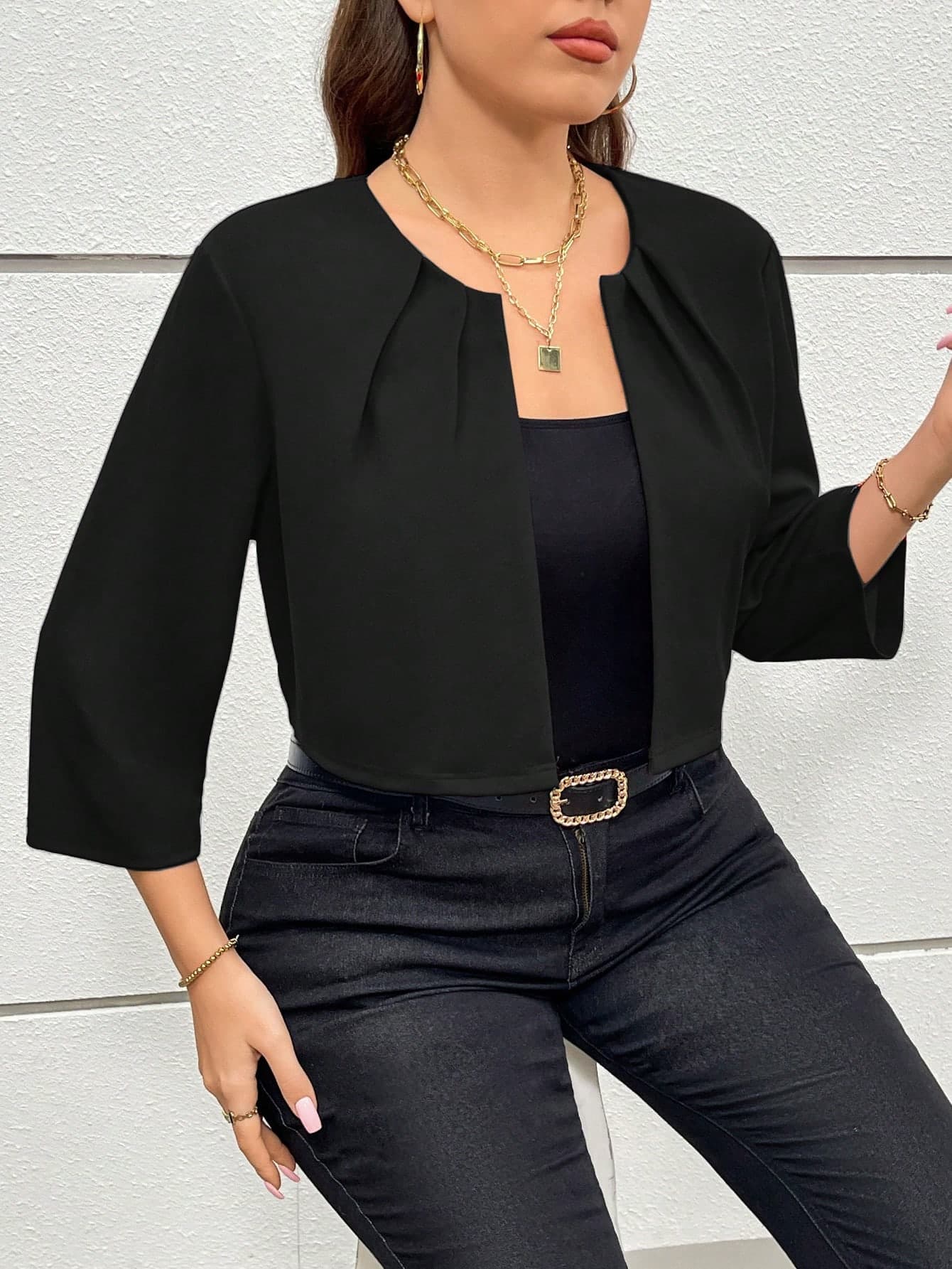 SHEIN Essnce Women Plus Size Long Sleeve Cardigan, Solid Color Minimalist Casual Top Spring Fall/Winter