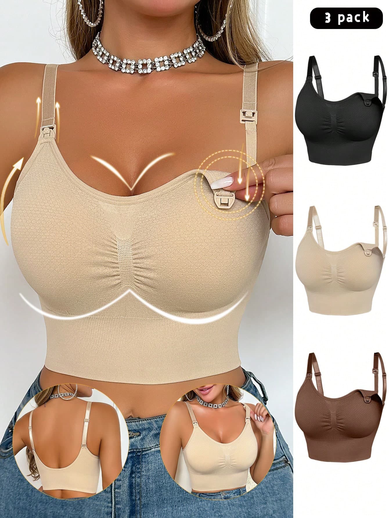 Moonlight&Mama 3pcs Maternity Solid Color Spaghetti Strap Gathered Casual Lingerie Set