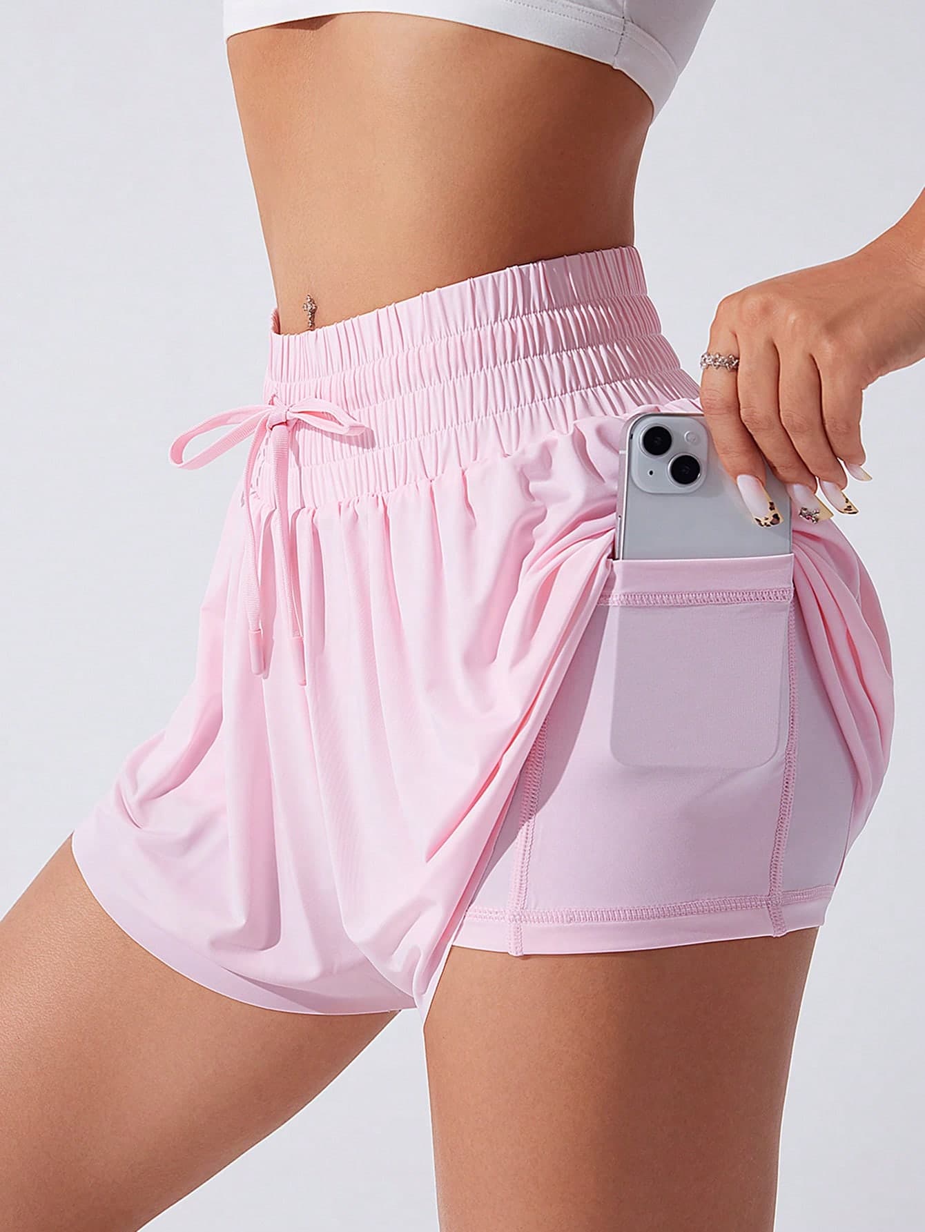 Sovereign Charm Solid Color Knotted Pocket Summer Sports Shorts, Suitable For YogaWomen Sweat Short, Gym Short, Biker Short