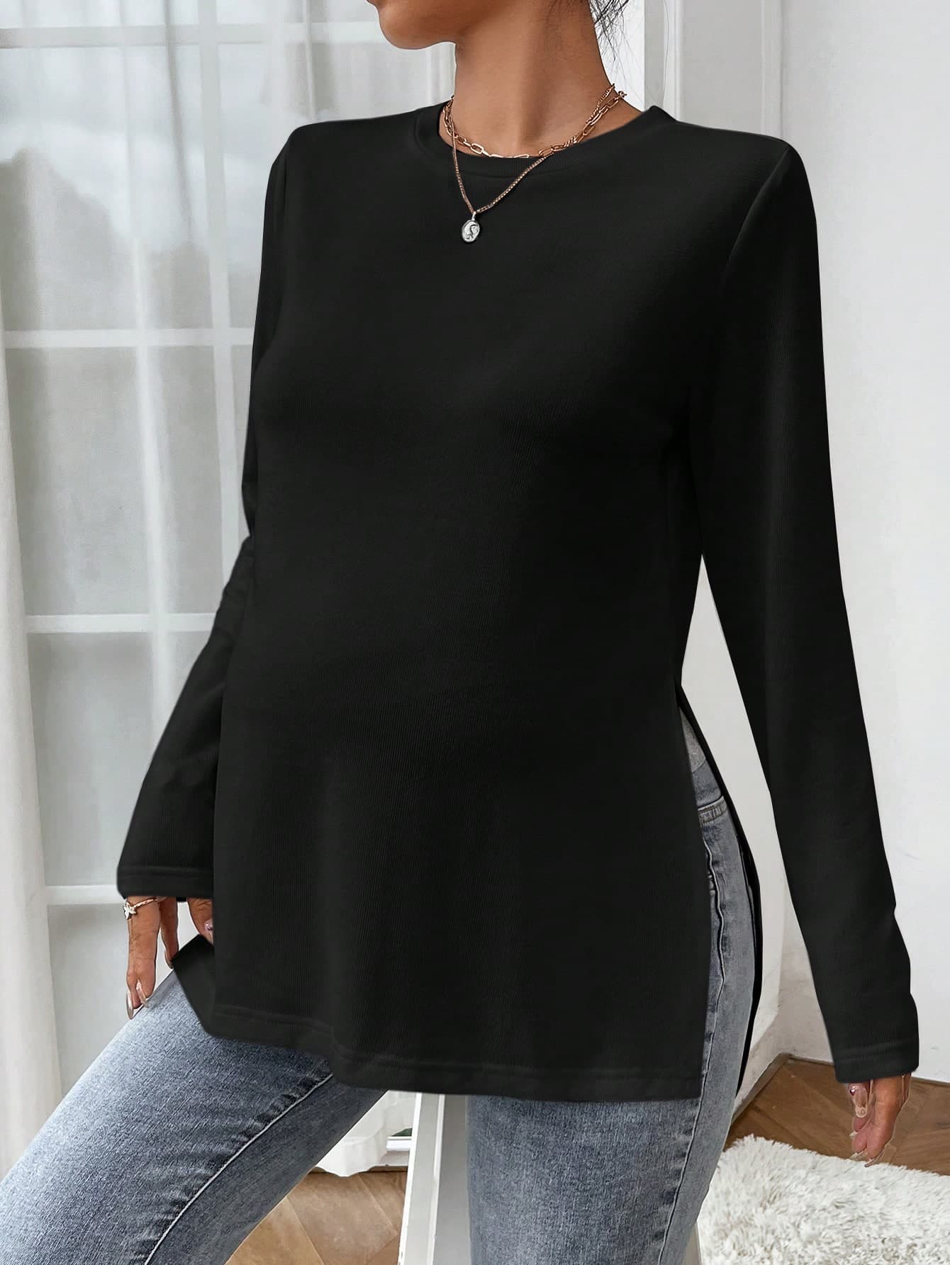 SHEIN Maternity Basic Solid Color Casual Long Sleeve Loose T-Shirt With Side Slit Hem, Spring/Autumn Fall