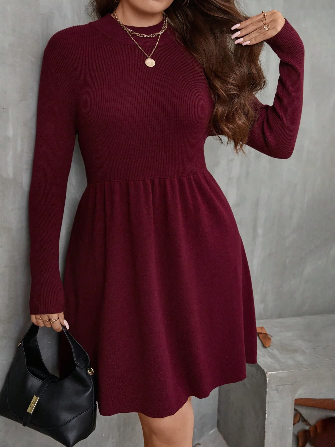 SHEIN Clasi Plus Size Casual Daily Solid Color Waist Ribbed Knit Sweater Dress, Autumn/Winter, For Thanksgiving Fall Cloth For Women