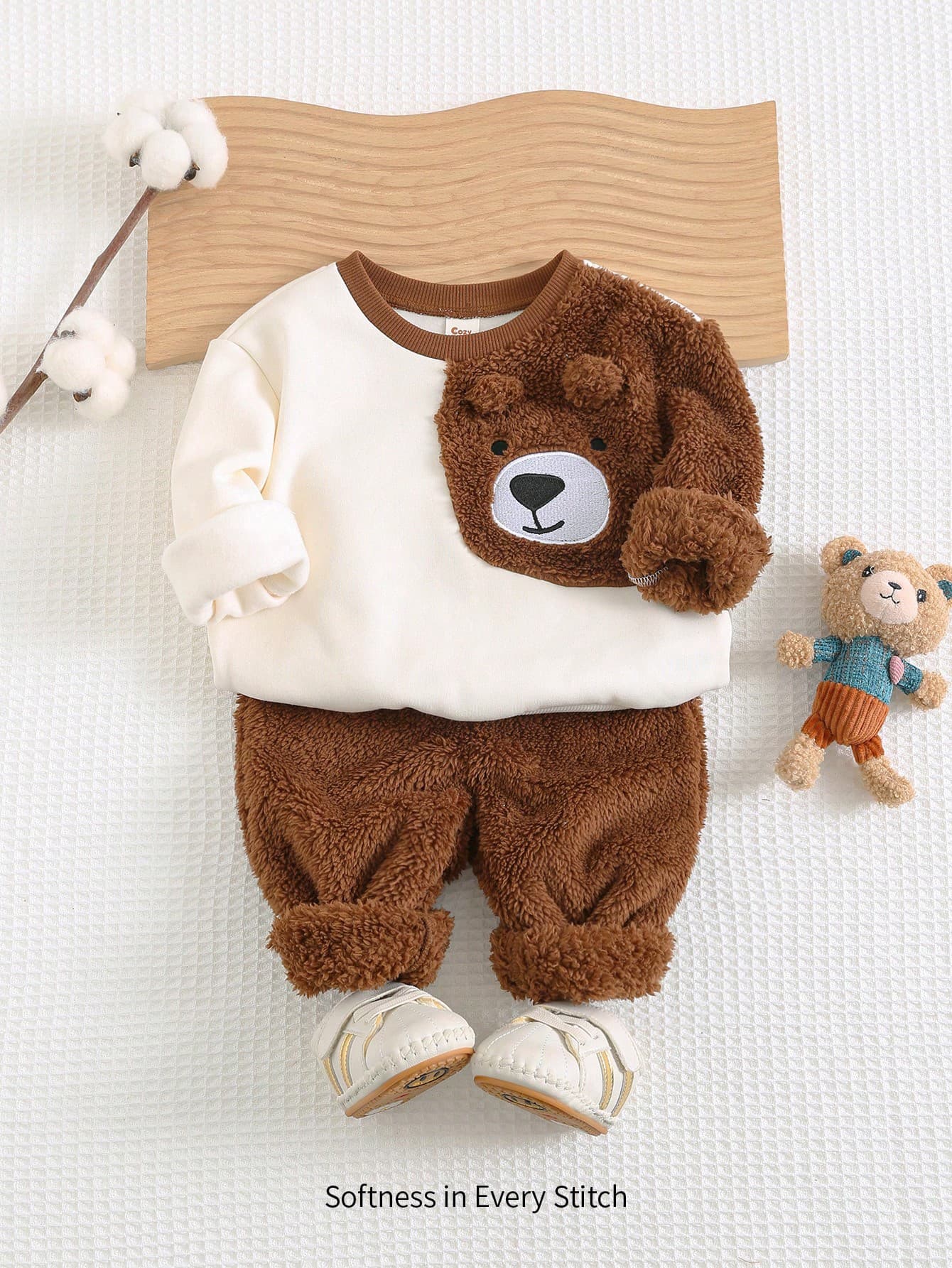 Cozy Pixies 2pcs Baby Boy Cartoon Bear Graphic Color Block Raglan Crew Neck Pullover Sweatshirt And Jogger Autumn Winter Pants Set