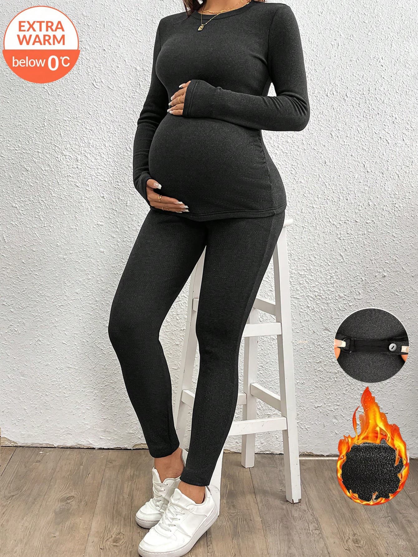 SHEIN Pregnant Women Thick Thermal Lined Long Sleeve Fitted Top And Pants Set, For Maternity, For Winter