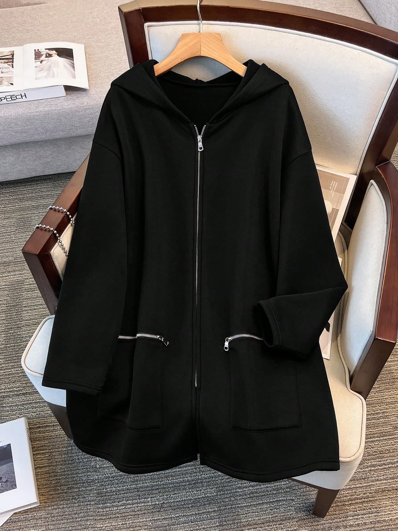 SHEIN Clasi Plus Size Women Solid Color Drop Shoulder Long Sleeve Casual Zip-Up Hooded Jacket, Autumn, For Winter Fall