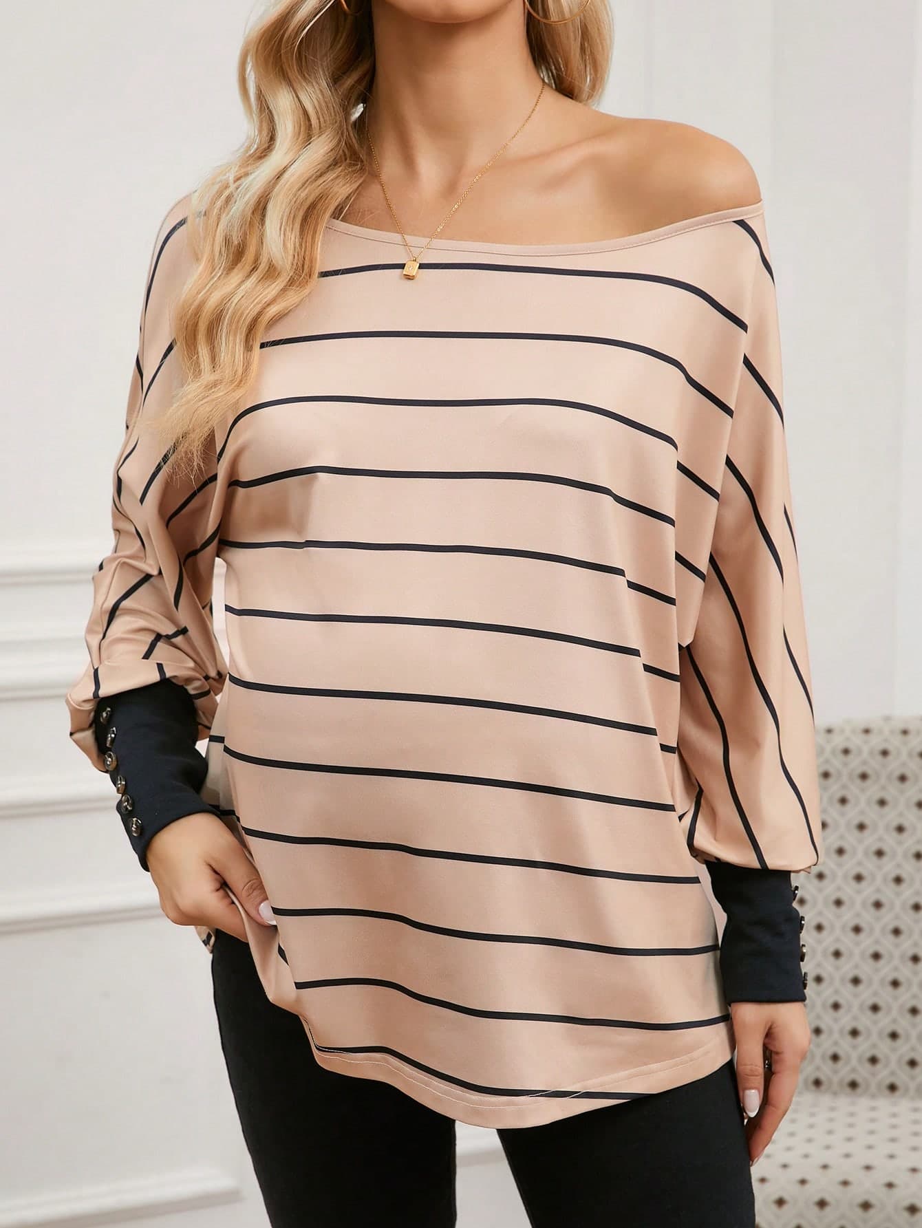 SHEIN Pregnant Women Loose Fit Striped Batwing Long Sleeve Casual T-Shirt, Autumn, For Maternity