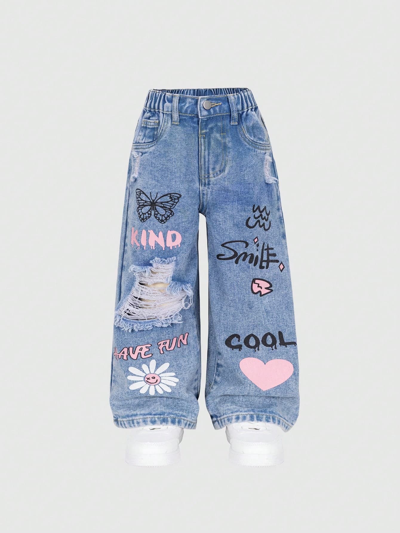 SHEIN ChillGRL Young Girl' Medium Wash Ripped Casual Wide Leg Print Denim Jeans Summer Holiday