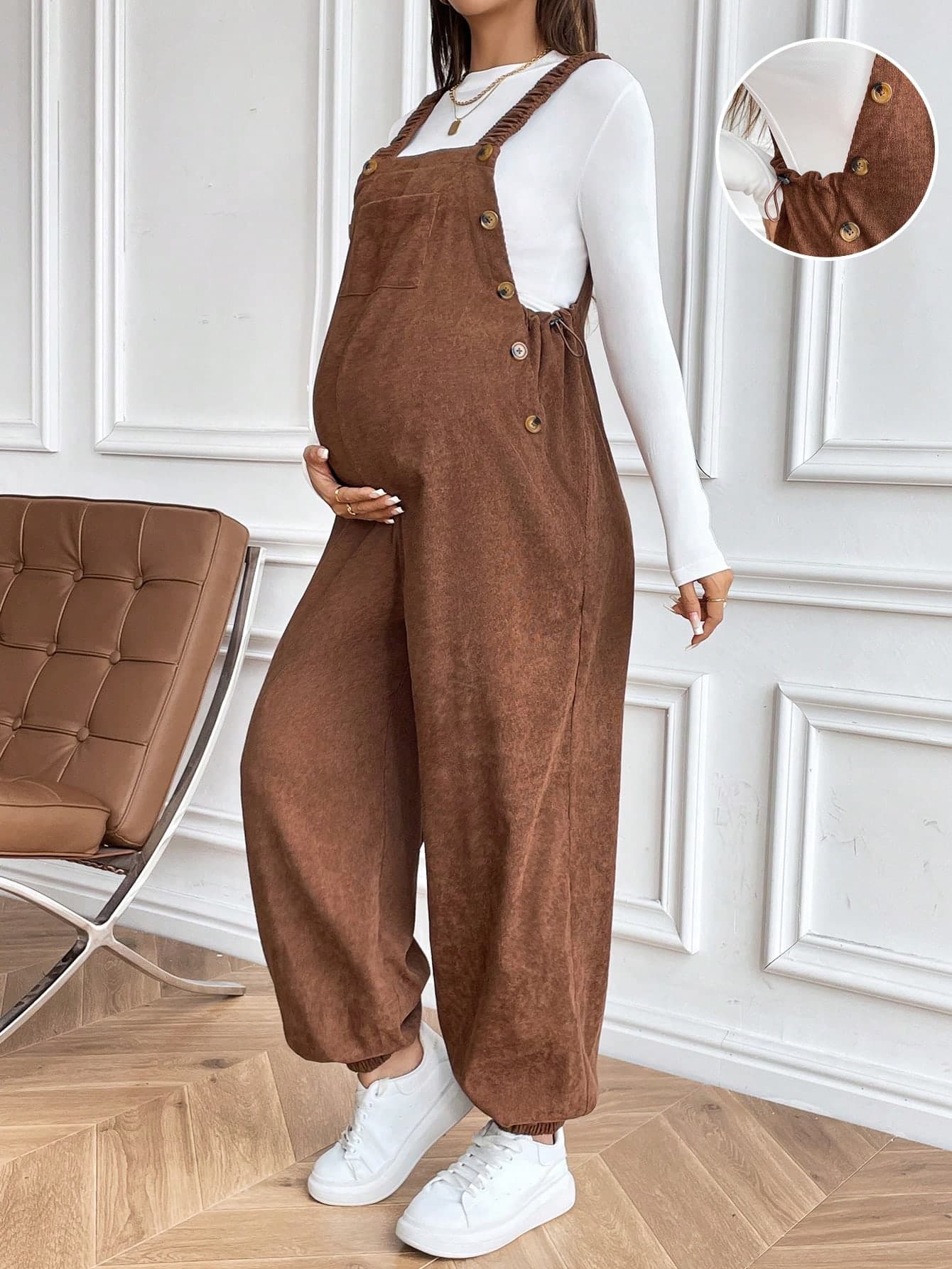 SHEIN Brown Elastic Adjustable Maternity Casual Jumpsuit Fall