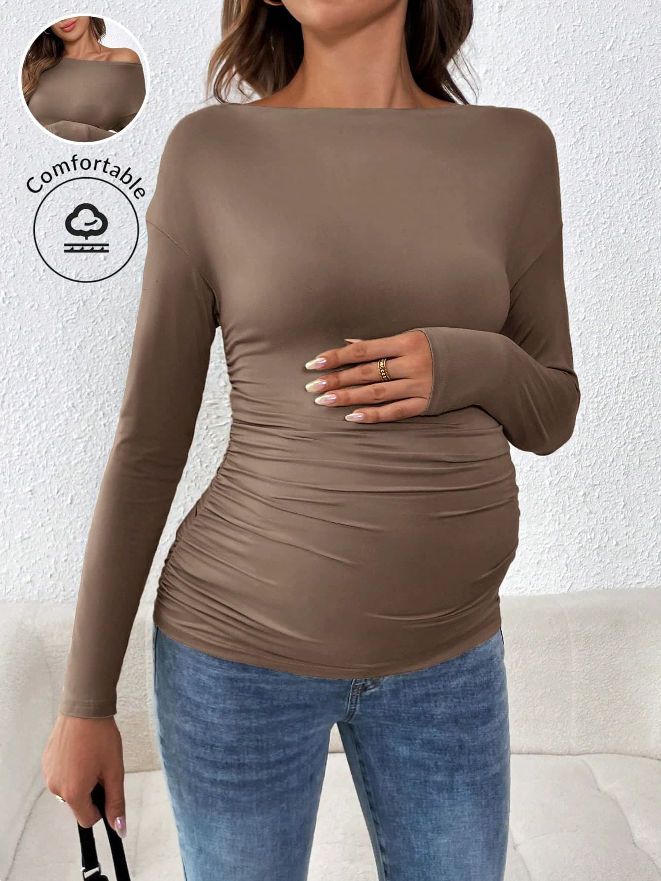 SHEIN Maternity Casual Solid Color Scoop Neck Ruffle Long Sleeve Fitted T-Shirt, Autumn Fall