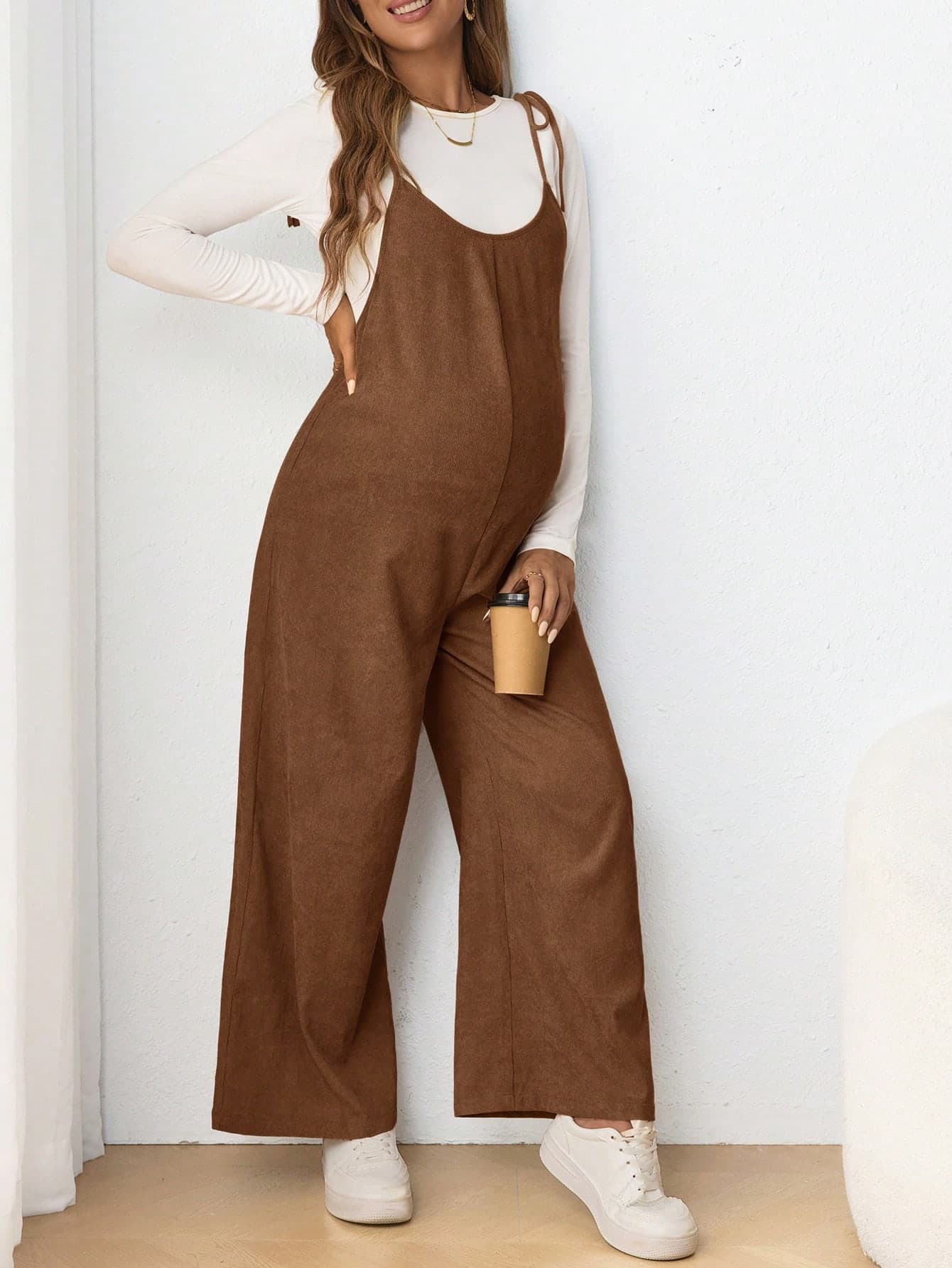 SHEIN Maternity Casual Spaghetti Strap Bow Long Jumpsuit Fall
