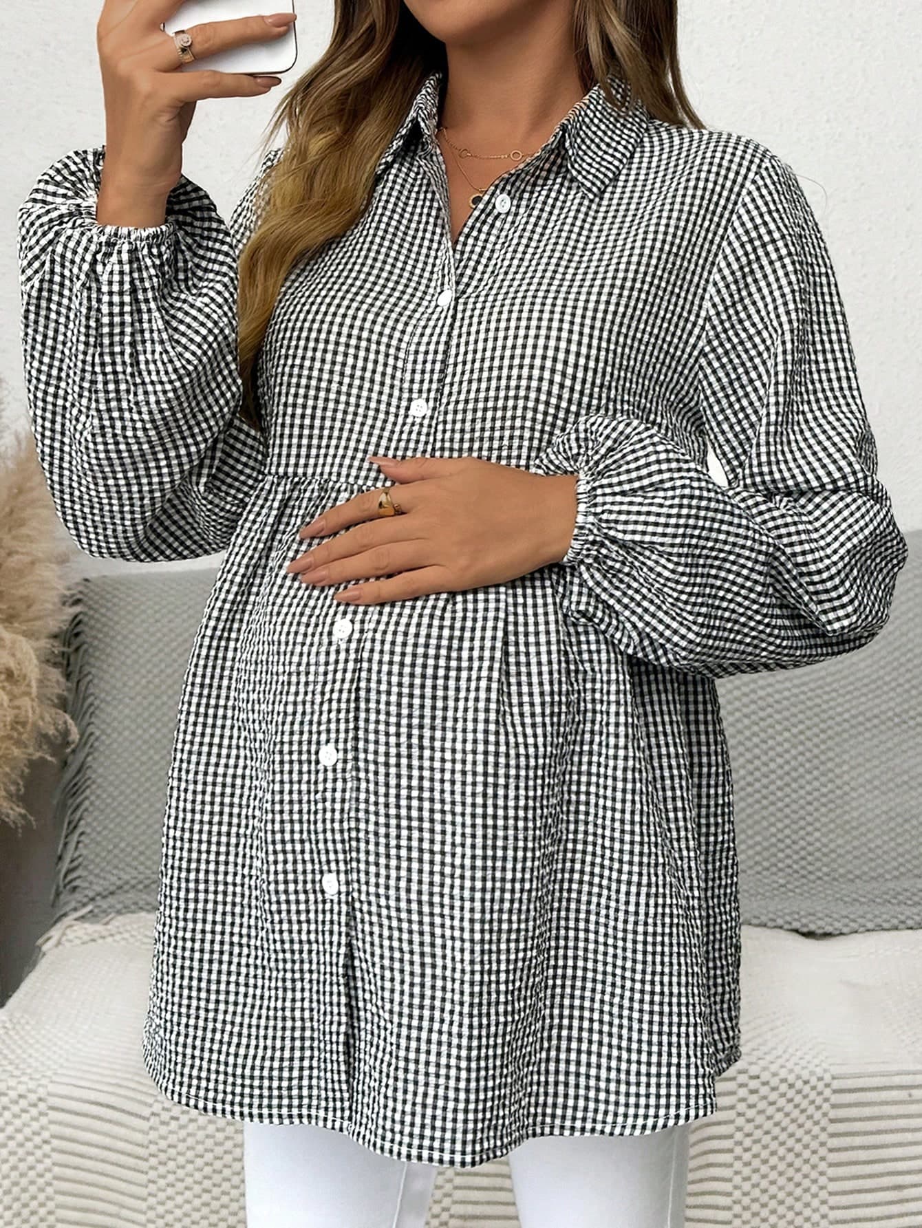 SHEIN Maternity Plaid Lantern Sleeve Blouse, Casual For Autumn Fall