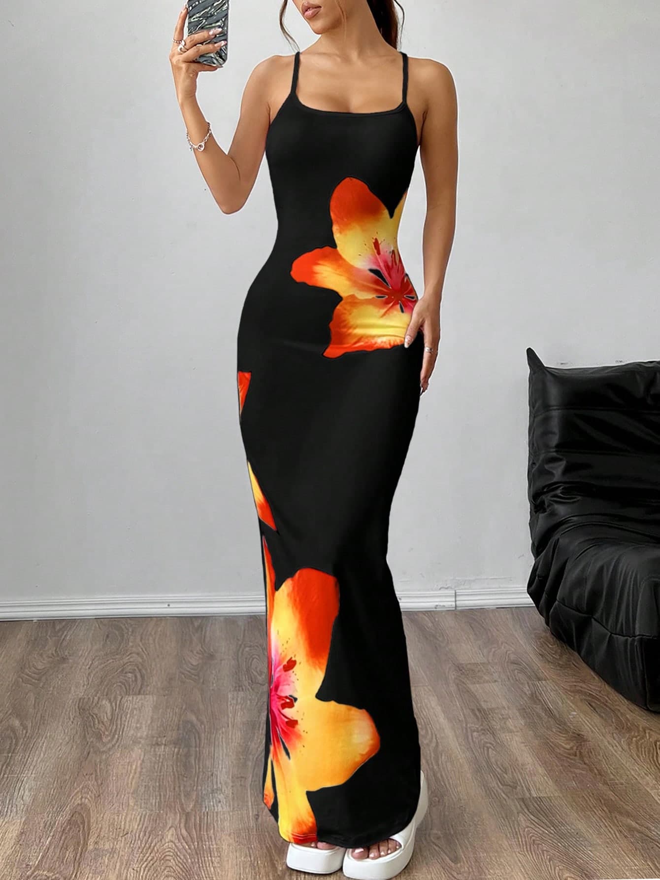 SHEIN EZwear Women's Elegant Floral Print Long Strap Dress For Summer Vacation,Summer Dresses For Women