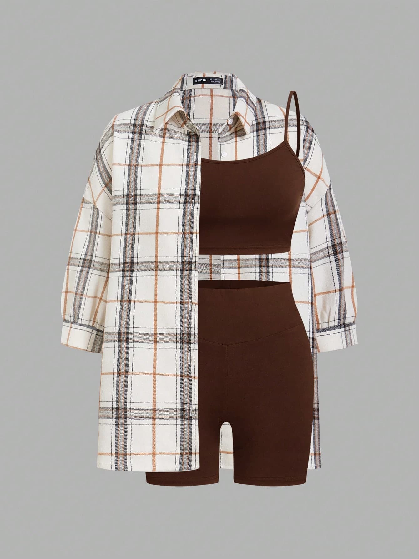 SHEIN Essnce Women's Casual Light Sports Outfit, Sexy & Fashionable Outdoor Cycling Tennis Travel Top Top & Compression Shorts & Plaid Shirt 3pcs/Set