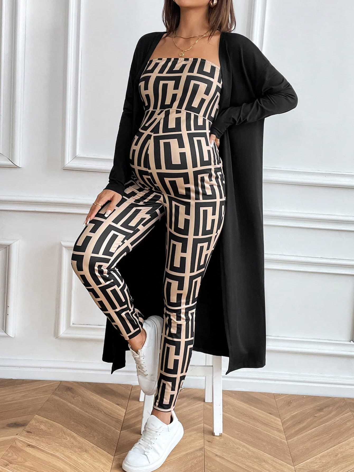 SHEIN 2pcs/Set Maternity Full Print Form-Fitting Camisole & Front Open Long Sleeve Cardigan Set, Casual For Autumn