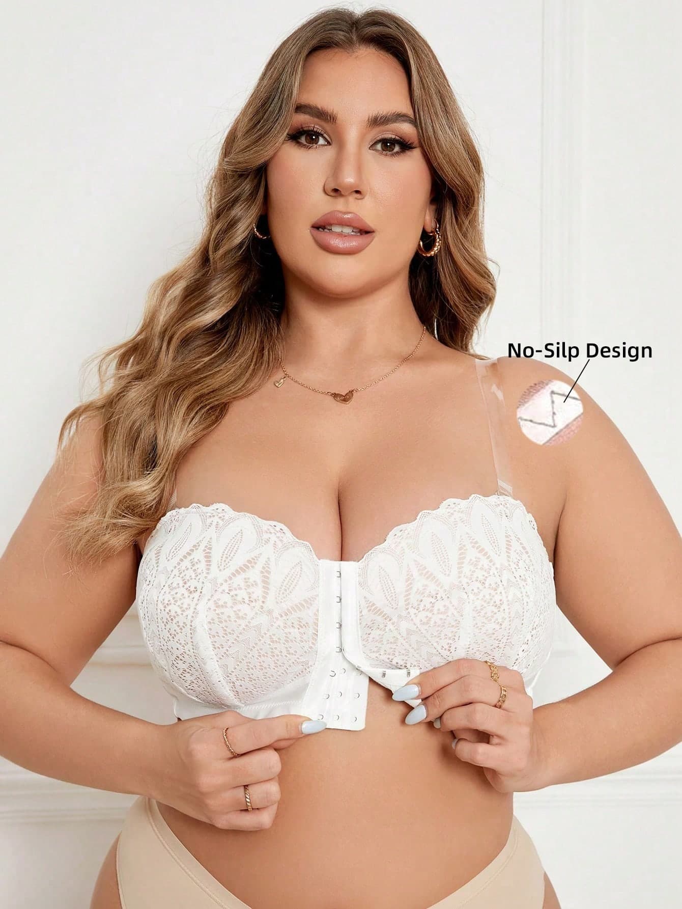SHEIN Plus Size Contrast Lace Wireless Front Closure Bustier Bra Lingerie