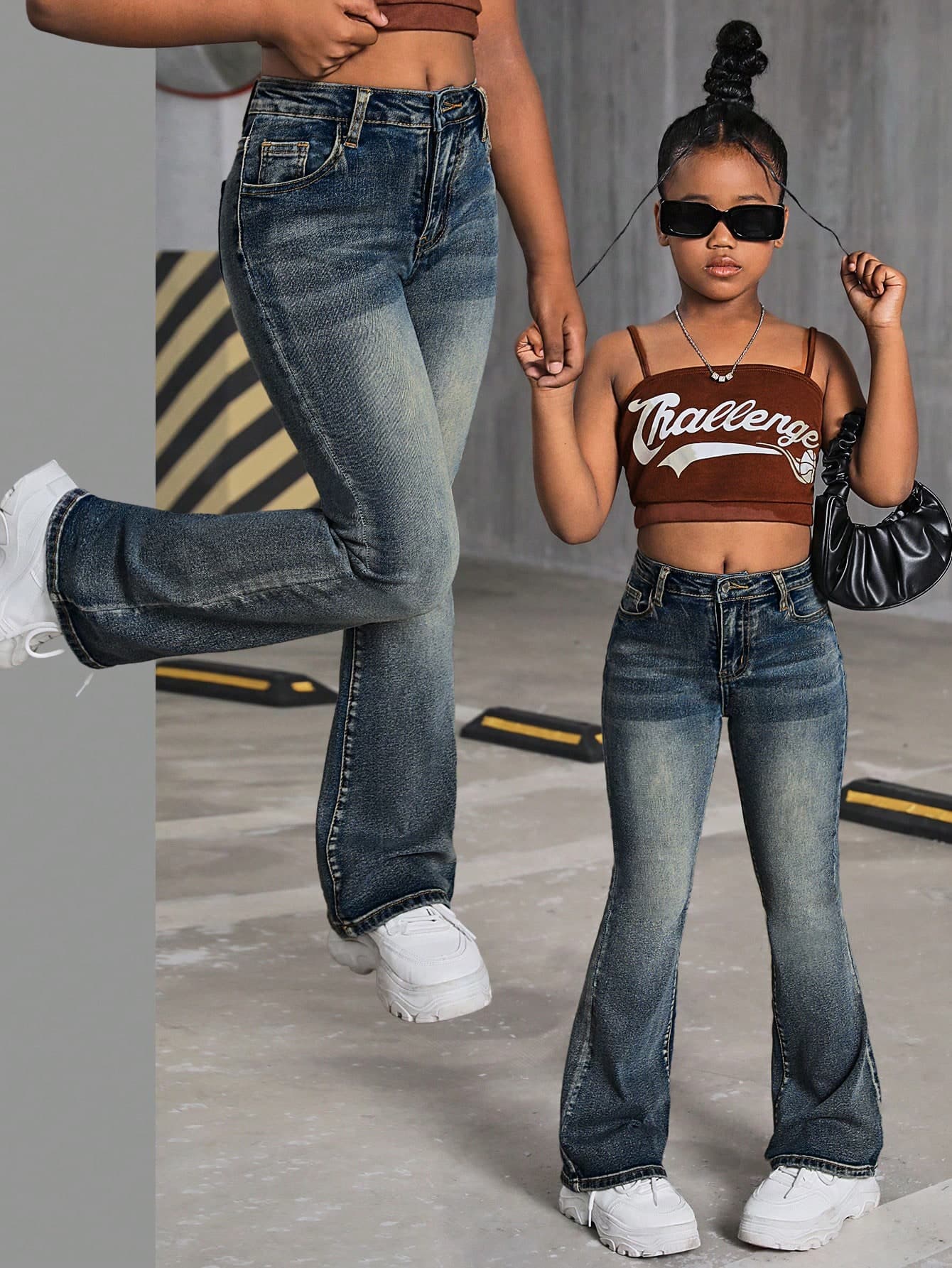 SHEIN Tween Girl Y2K Retro Washed High Waist Cat Whisker Washed Flare Leg Jeans, Fall Back To School Streetwear
