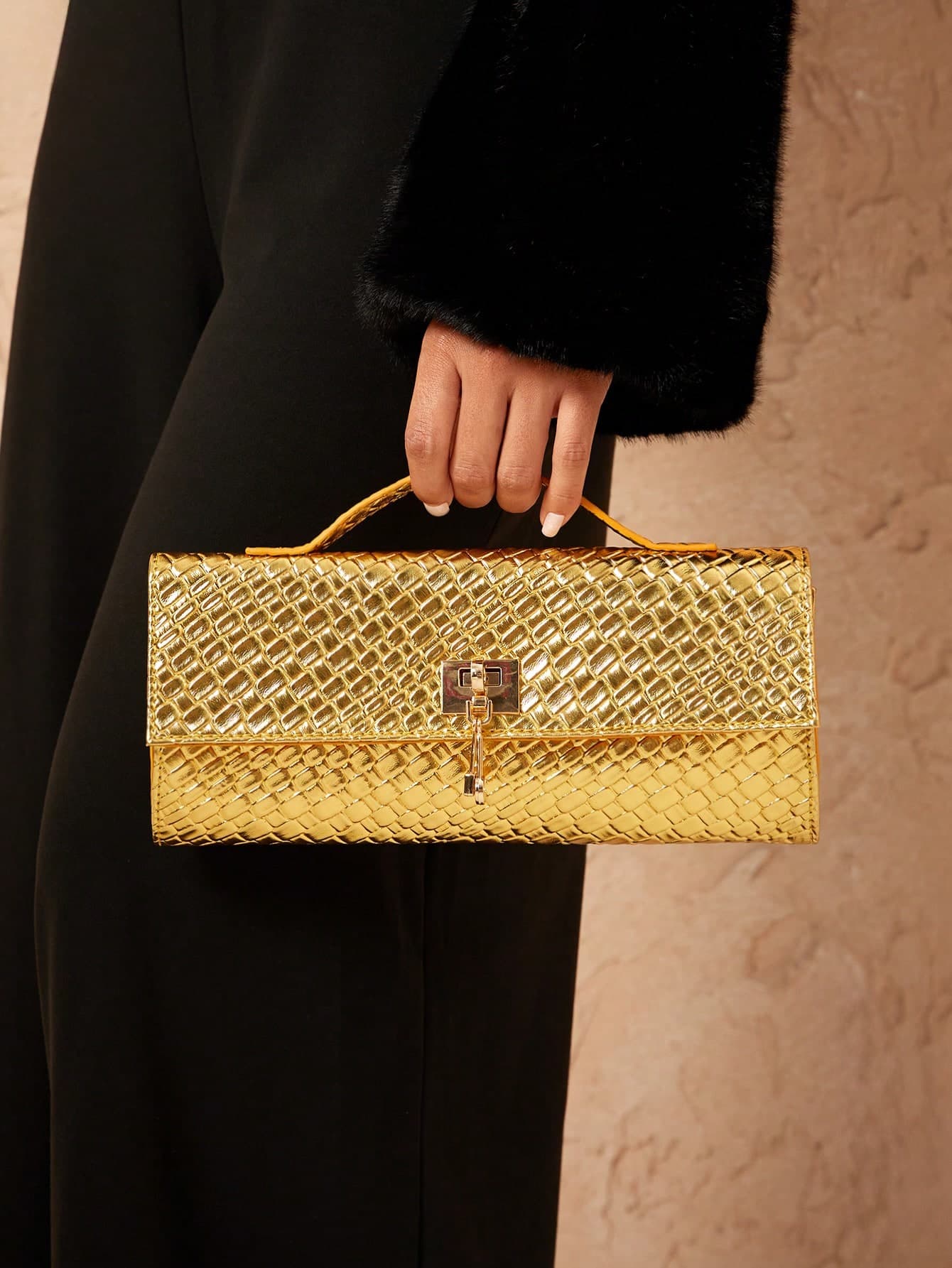 SHEIN SXY Ladies, Women Top Handle Bag , Woven Bag, Fashionable, Simple, Elegant, Versatile, Classic, Gold, For Classic, Commute, Office, Date, Daily, Shopping, Afternoon Tea, Party,  Prom, Club, Date, Birthday, Evening, Date Nigh