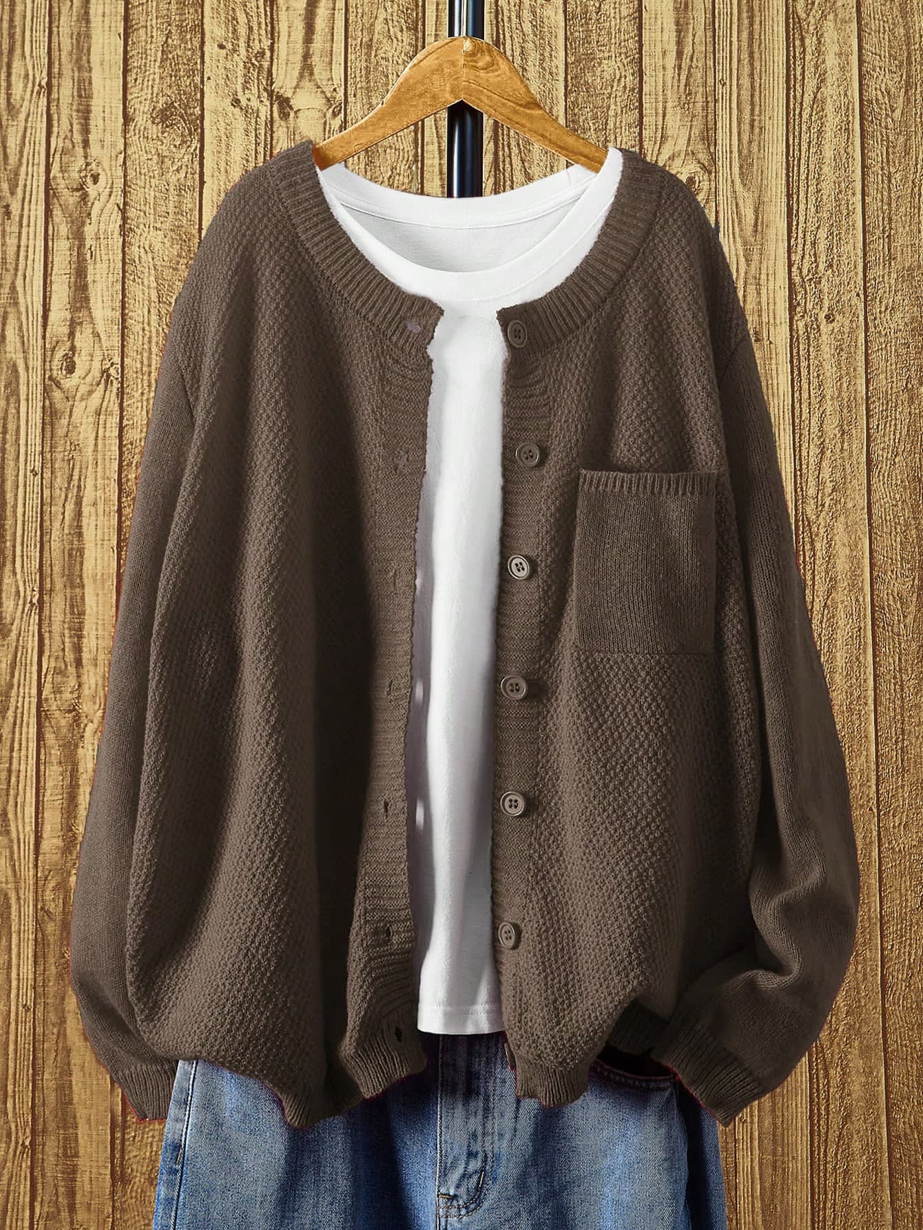 Franclia Plus Size Women Solid Drop Shoulder Long Sleeve Single-Breasted Pocket Casual Cardigan, Autumn/Winter Fall Cloth For Women