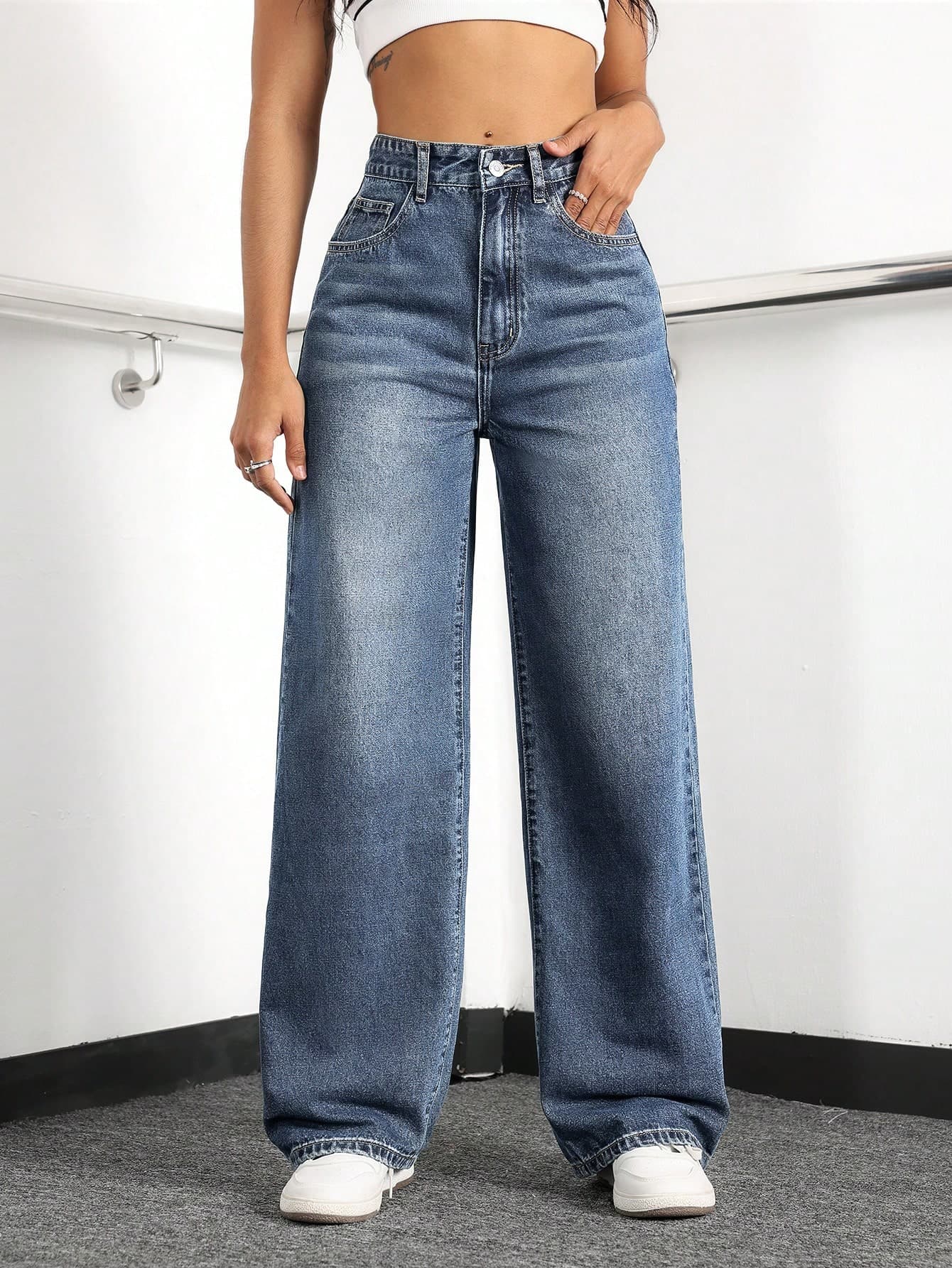 SHEIN ICON Women's Casual Loose-Fit Wide-Leg Denim Pants With Pockets For Daily Wear