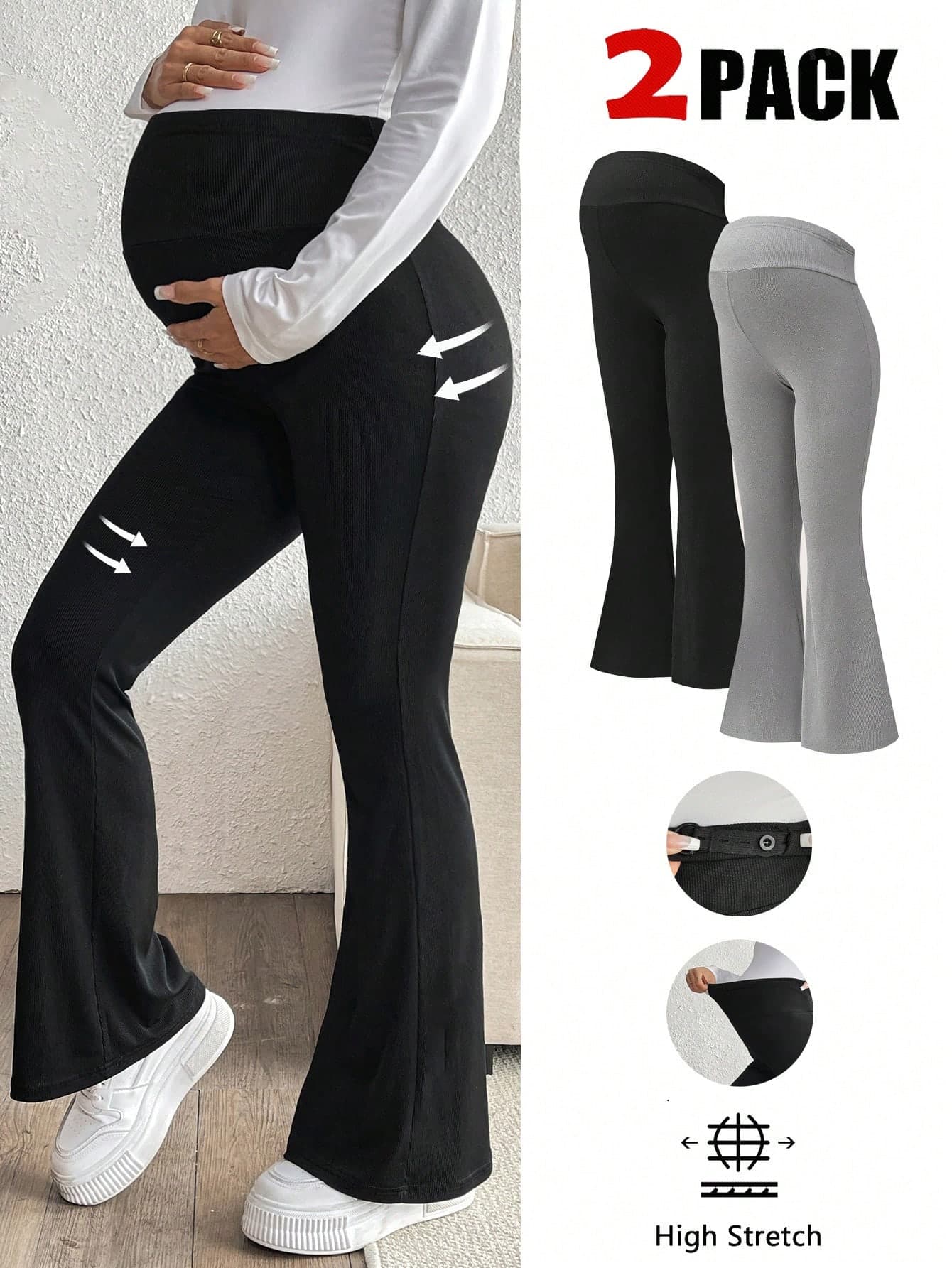 SHEIN Maternity Solid Color Adjustable Waist Flare Casual Leggings