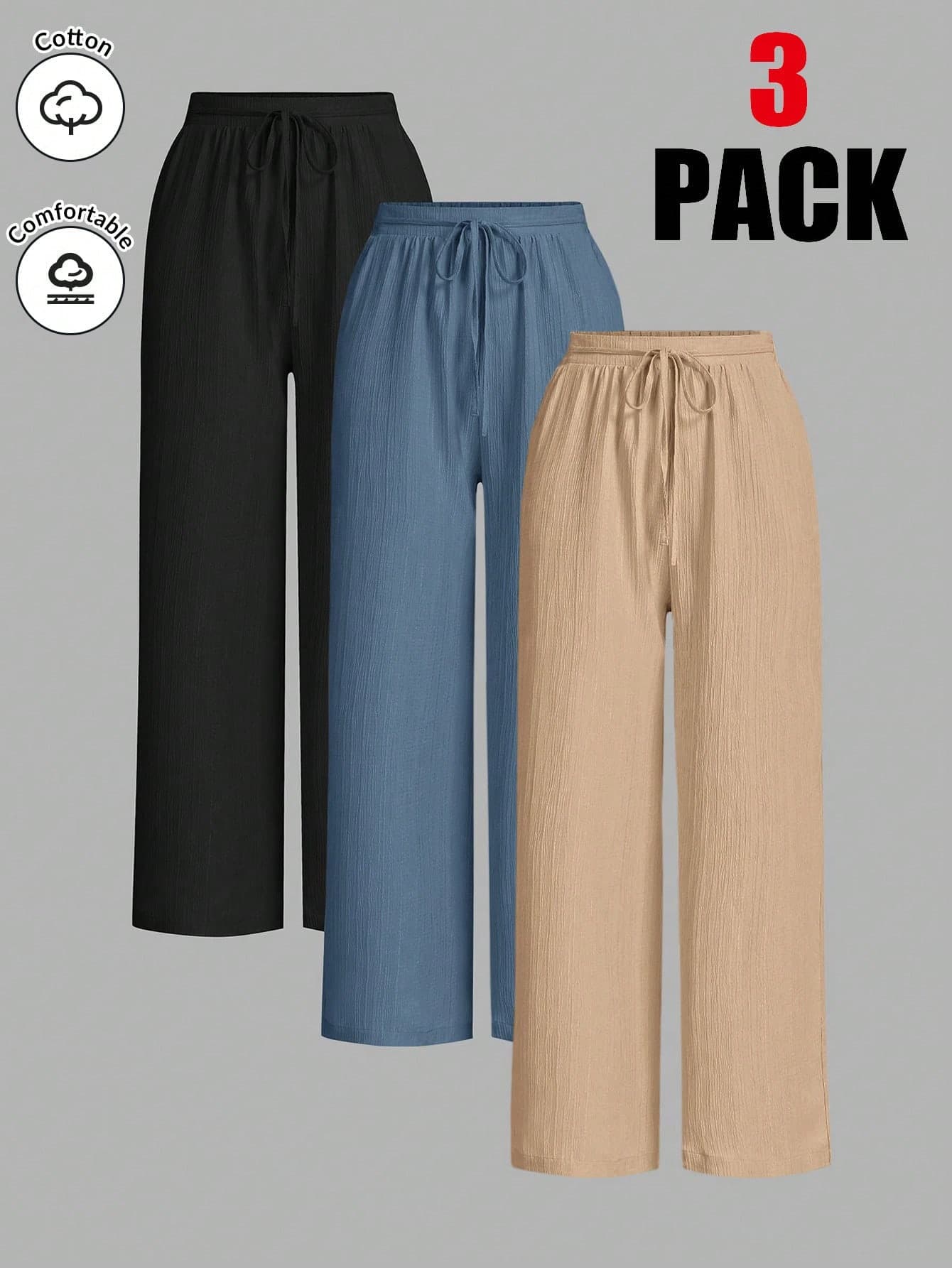 SHEIN Essnce 3packs Summer Pants Women's Solid Color Waist-Tie Wide Leg Loose Casual Pants