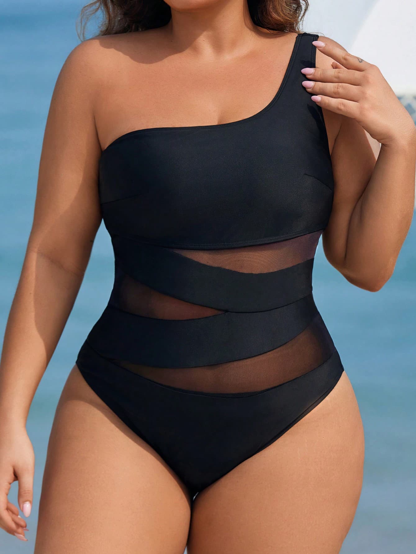 Swim Lushoire Plus Size Women's Summer Beach Holiday Mesh Contrast Solid Color One Piece Swimsuit