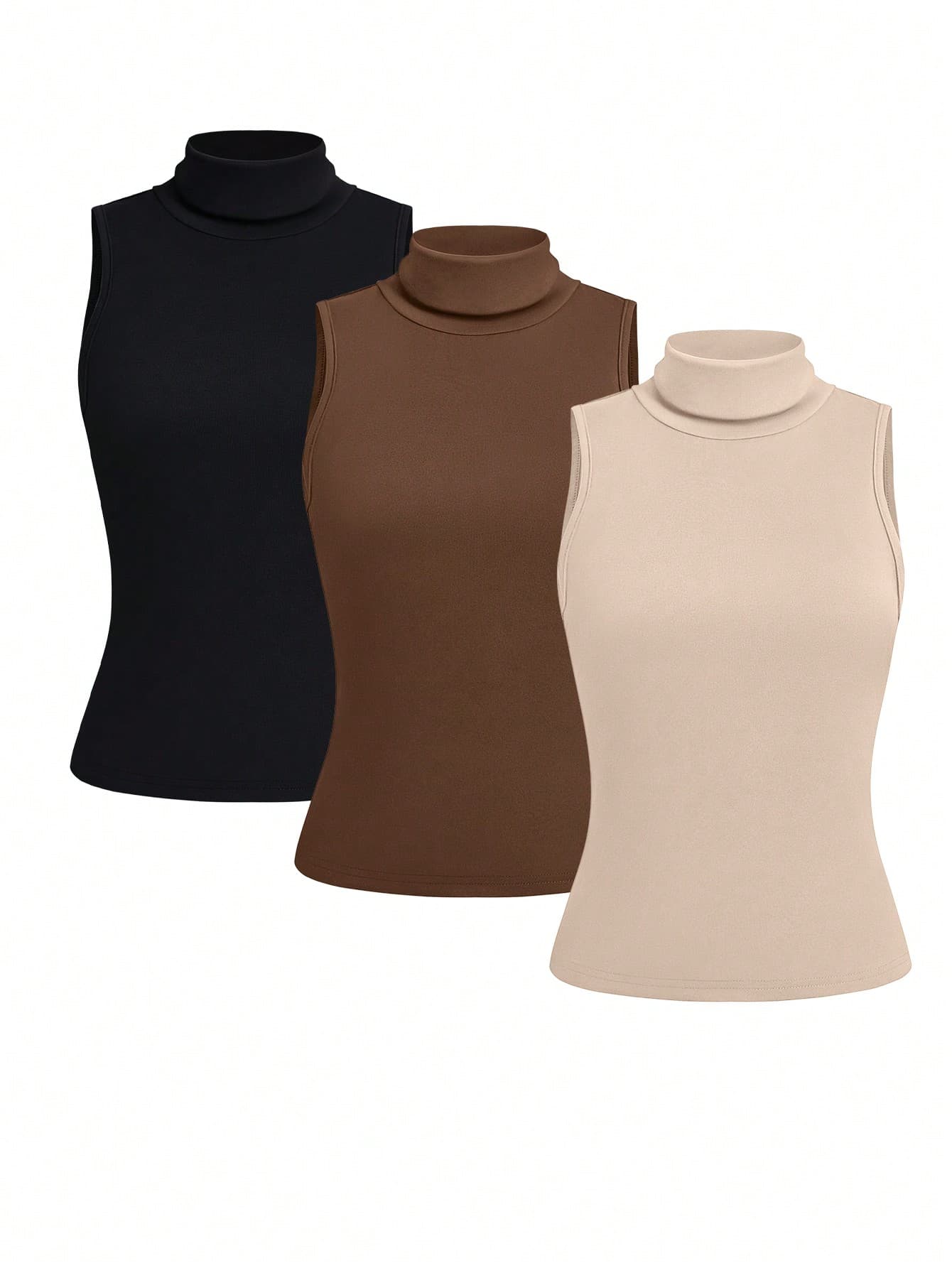 Qadelle 3pcs Set Women Solid Color Sleeveless Mock Neck Minimalist Tank Tops For Casual Everyday Wear 3 Packs Topshigh Neck Topbrown Topsplain Tops