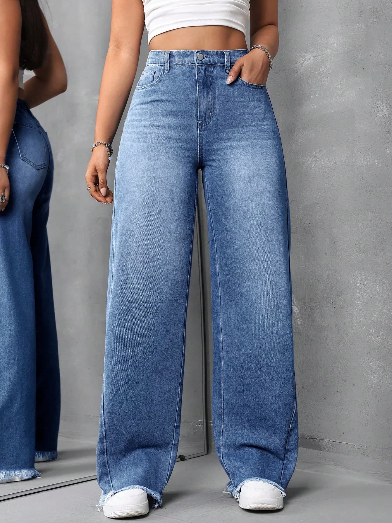SHEIN Tall Women's Blue Denim Loose Fit Trousers Straight Leg Pants Back To School First Day Of Women Jeans Baggy Bottoms Fall Y2K, Tall Women