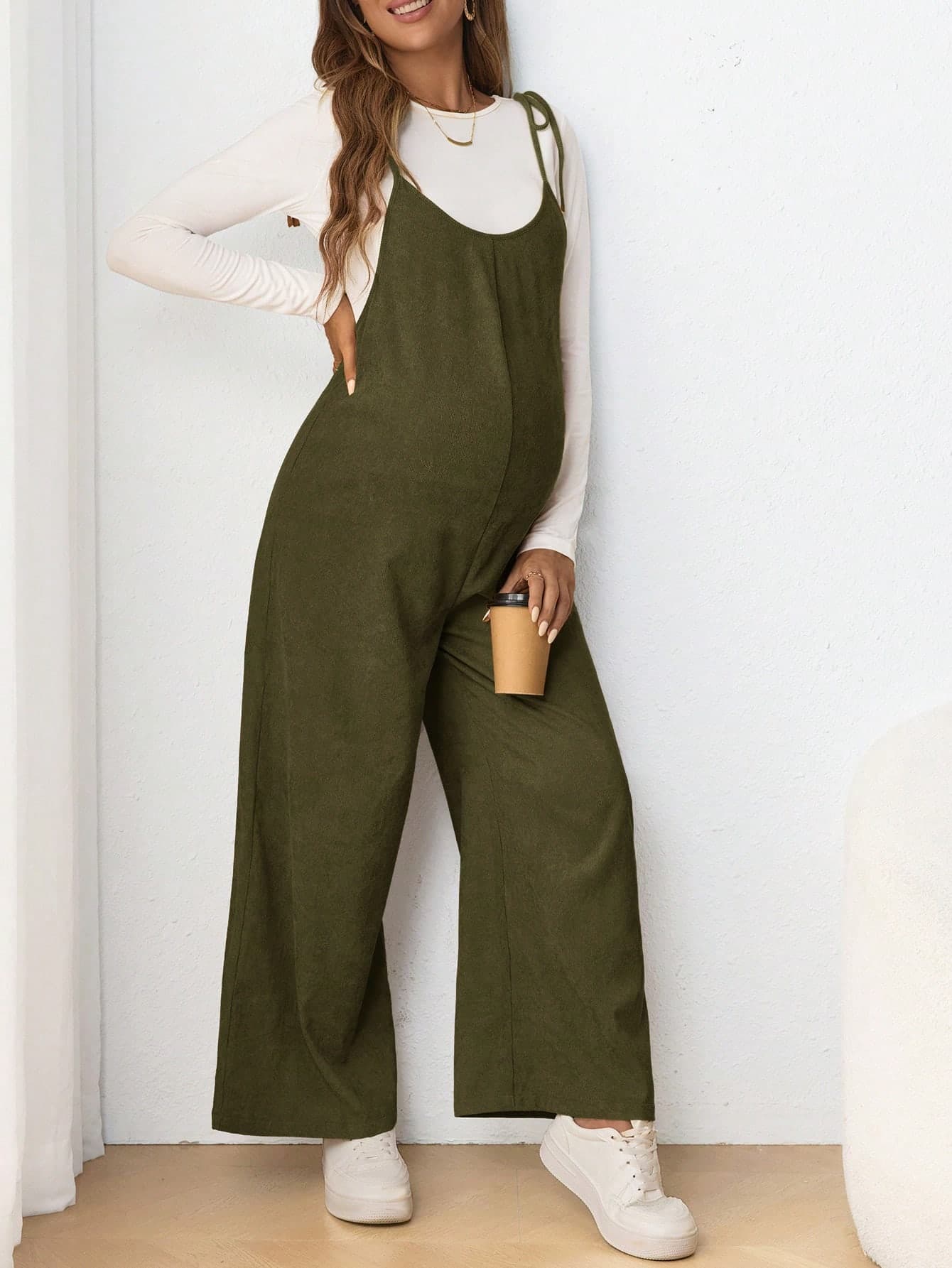 SHEIN Maternity Casual Camisole Bowknot Long Form-Fitting Jumpsuit Fall