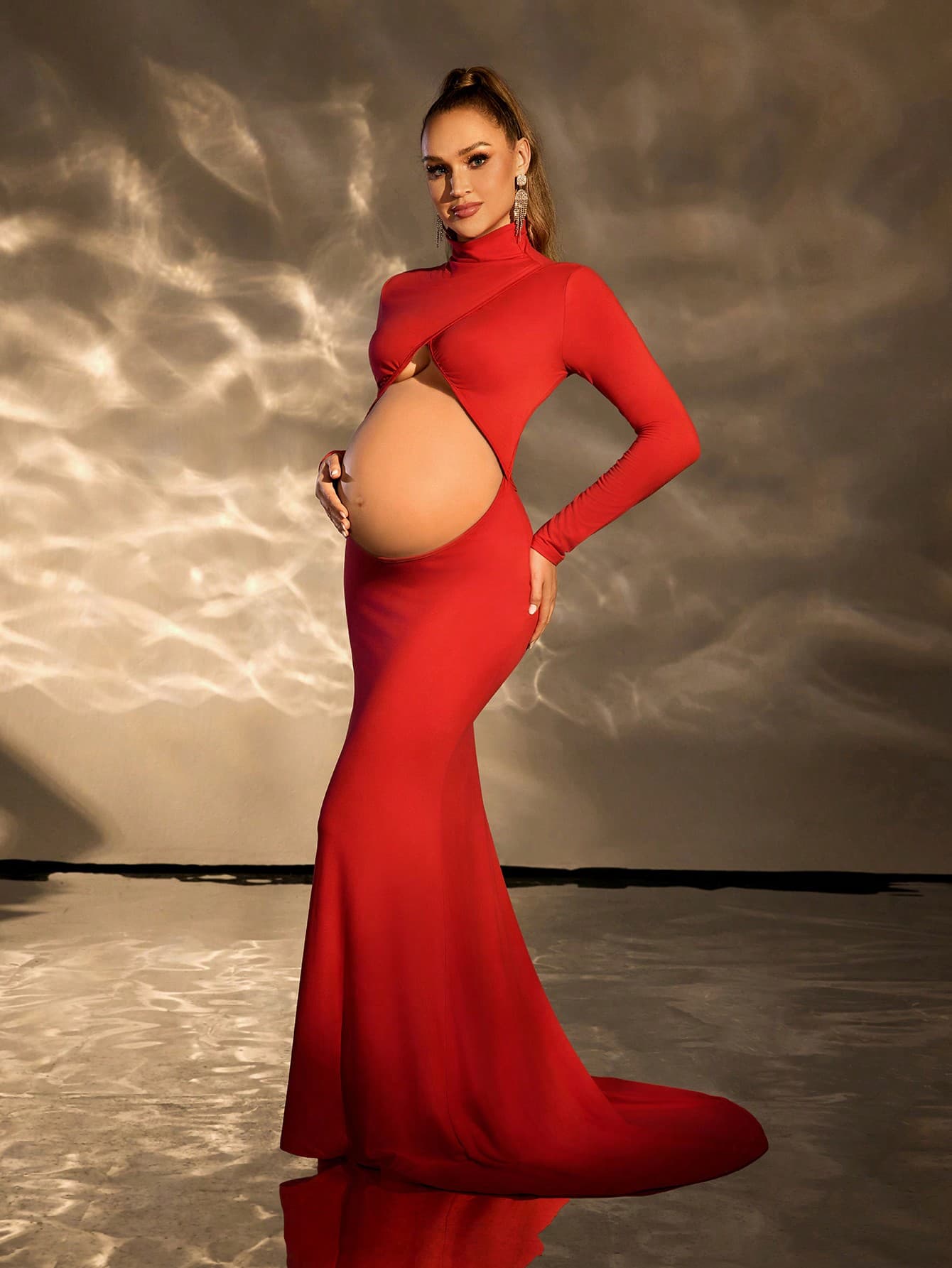 Cheriluna Maternity Maternity Plain Collar Long Sleeve Hollow Minimalist Casual Photo Shoot Top, For Photoshoot For New Year Clothes