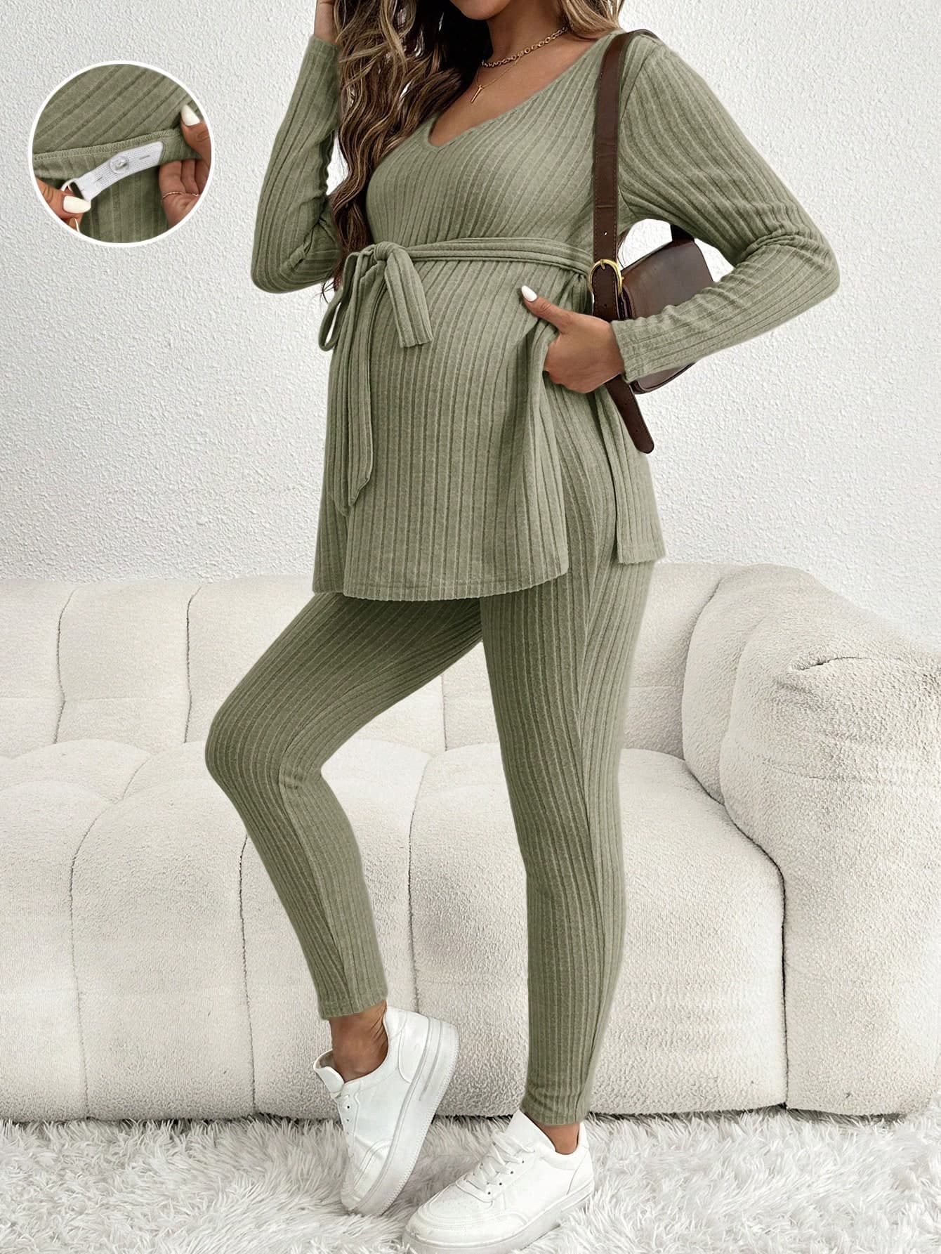 SHEIN 2pcs/Set Maternity Casual Solid Color V-Neck Ribbed Long Sleeve Top With Adjustable Waist Band And Leggings, And Leggings, Spring/Autumn Fall