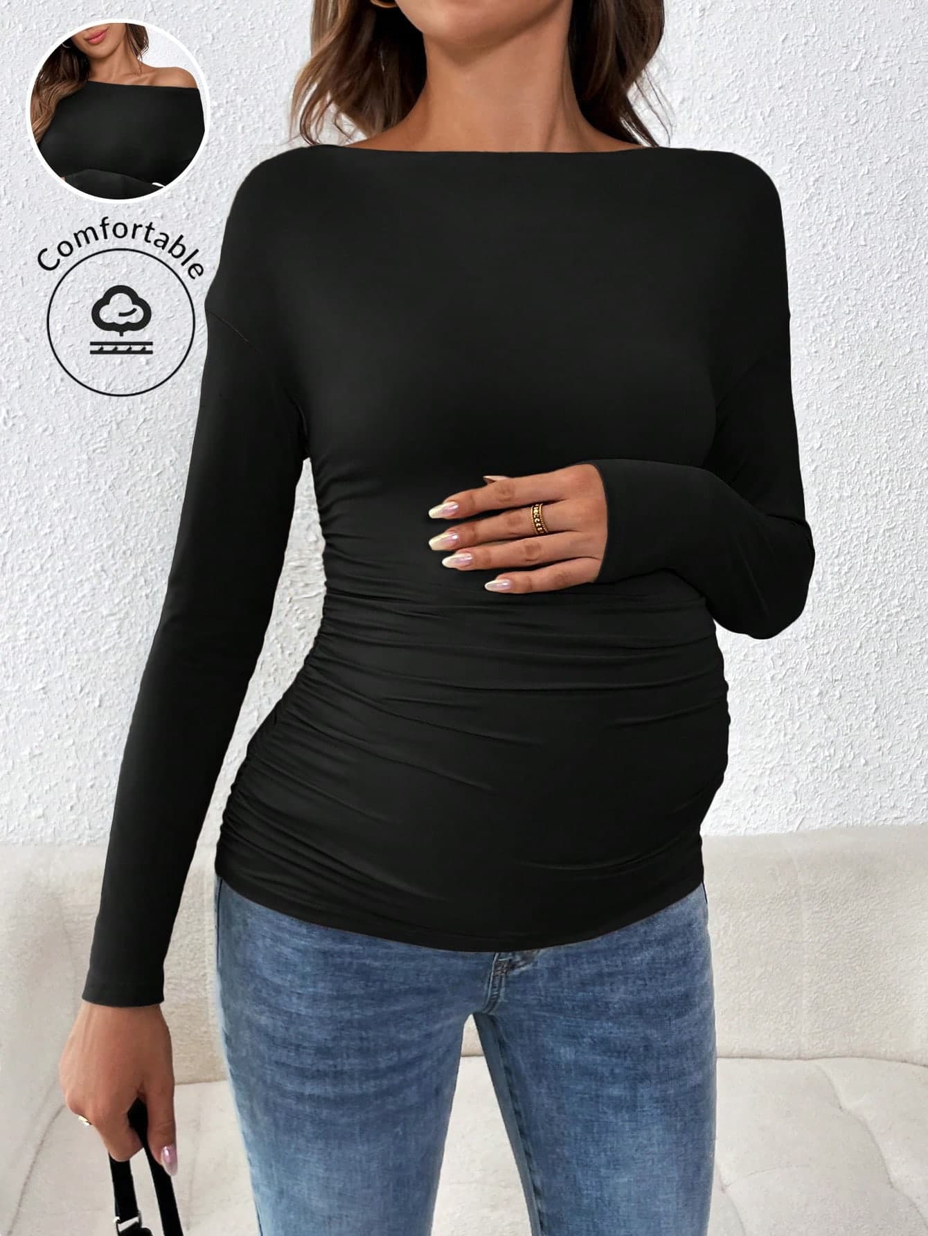 SHEIN Pregnant Women Solid Color Boat Neck Long Sleeve Pleated Fitted T-Shirt, Autumn, For Maternity Fall