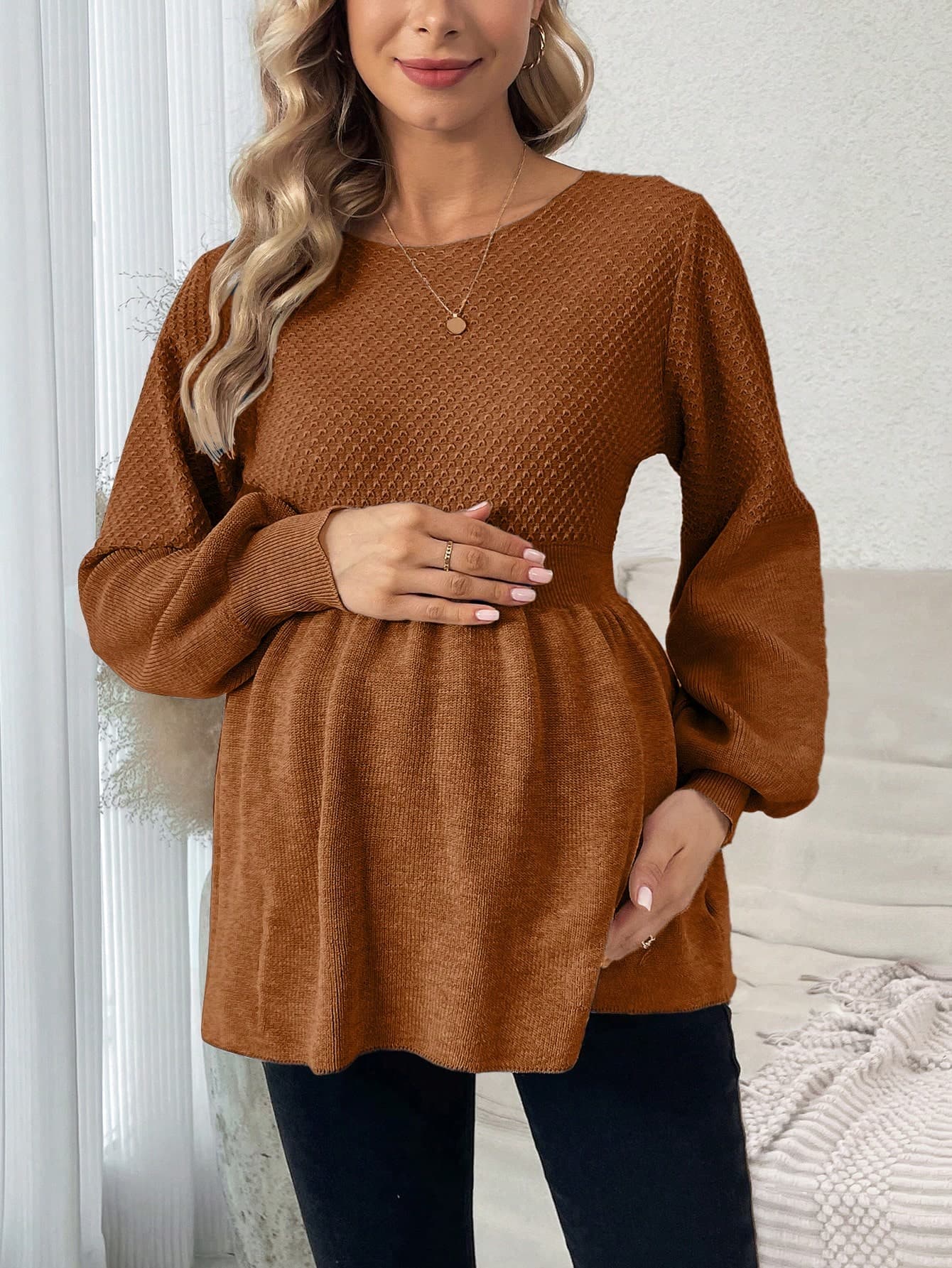 SHEIN Pregnant Women's Solid Color Round Neck Casual Versatile Long Sleeve Pullover Sweater, For Maternity, For Winter