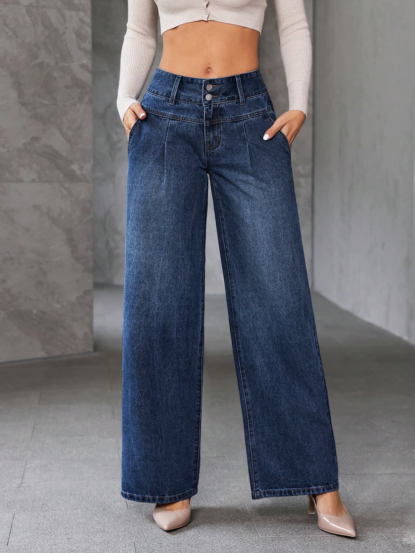 SHEIN Essnce Women Loose Fit Pocketed Wide Leg Casual Jeans
