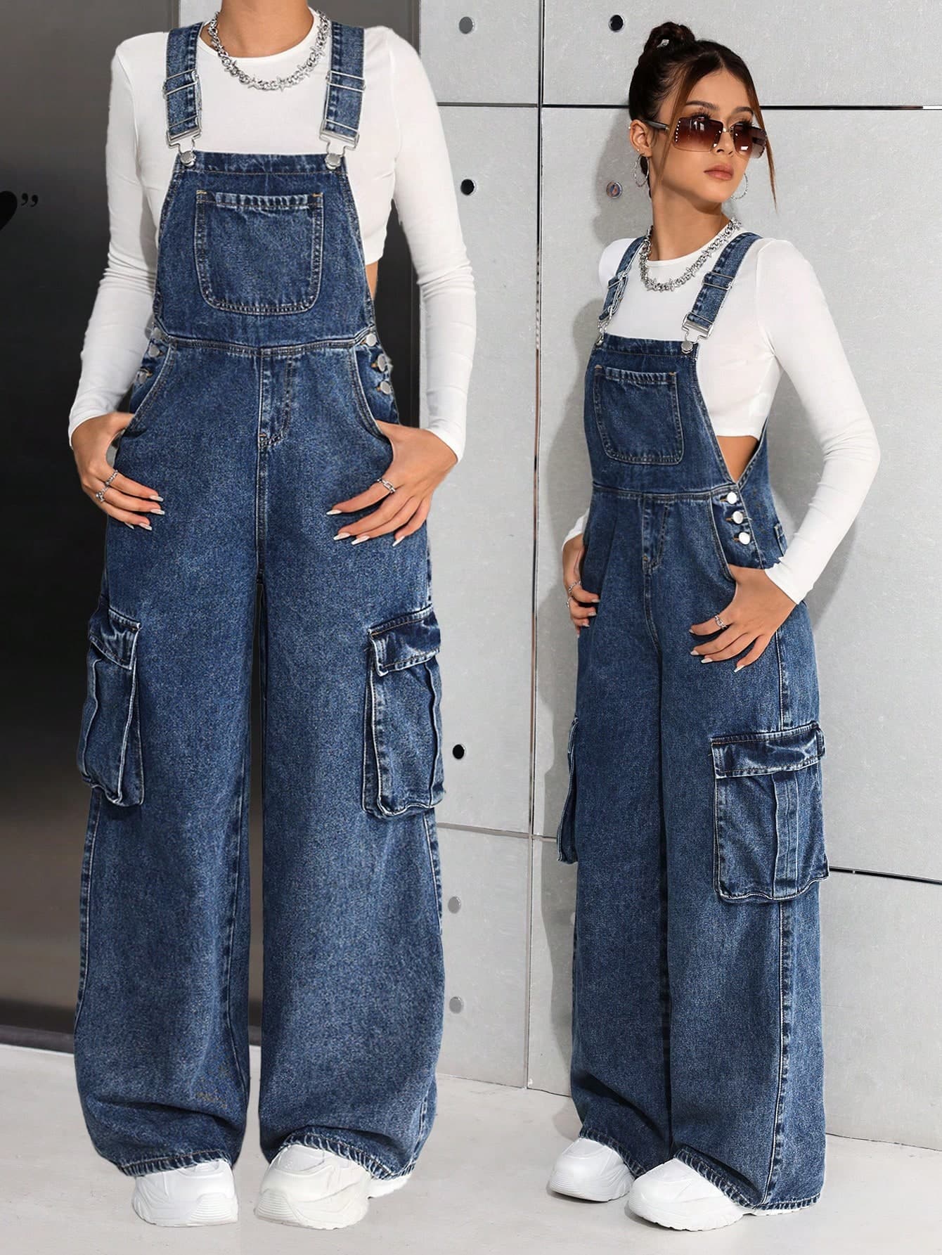 SHEIN Teen Girl Y2K Casual Washed Blue Denim Jumpsuit,Girl Fall And Winter Clothes,Street Cool Styler Denim Outfits
