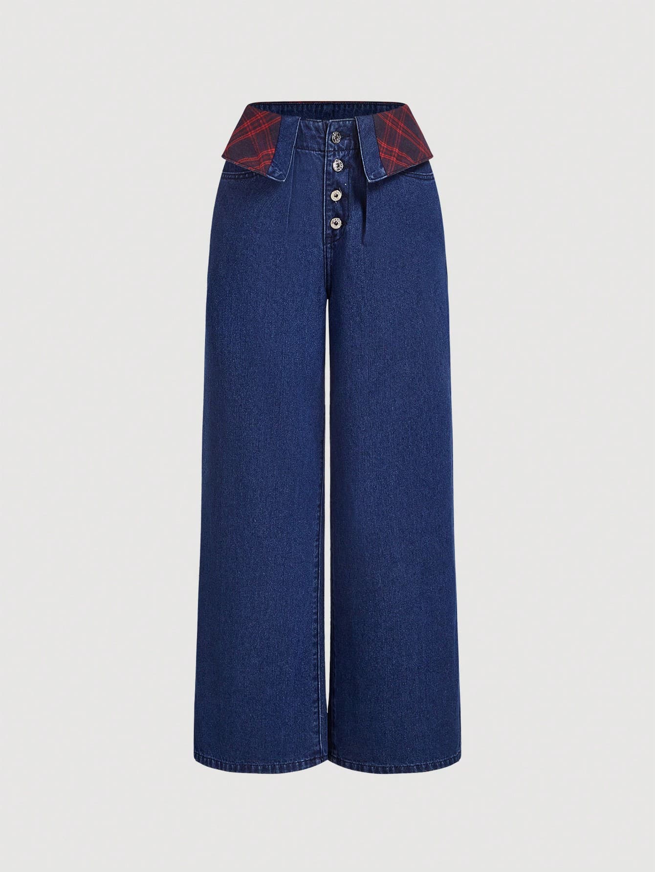 SHEIN MOD Women's Simple Casual Front Button Plaid Patchwork Denim Jeans