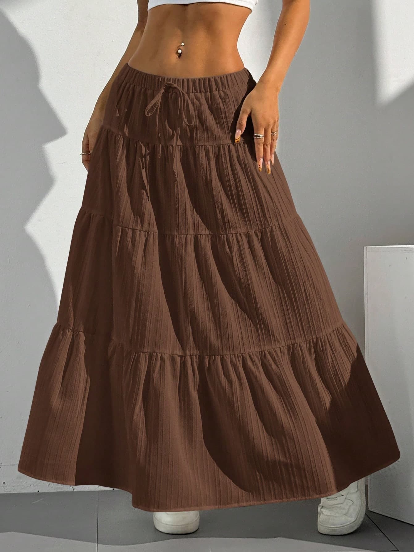 SHEIN EZwear Women's Solid Color Elastic Waist Tie Casual Long A-Line Flared Skirt