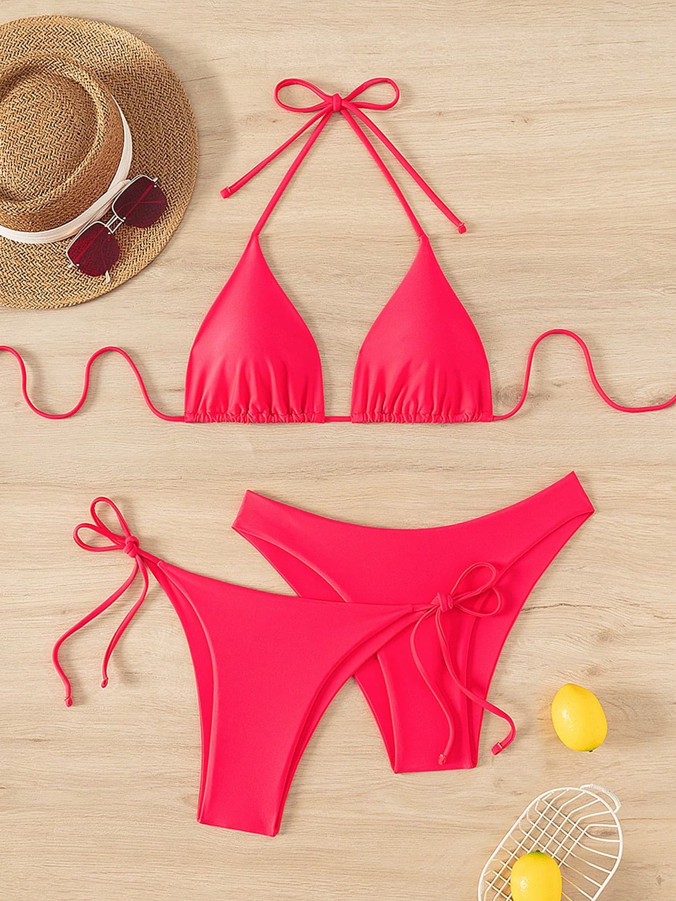 Swim Basics 3pcs/Set Women's Solid Color Halter Neck Backless Tie Top + Knotted Triangle Top + Triangle Bottoms Bikini Set Set, Summer Beach