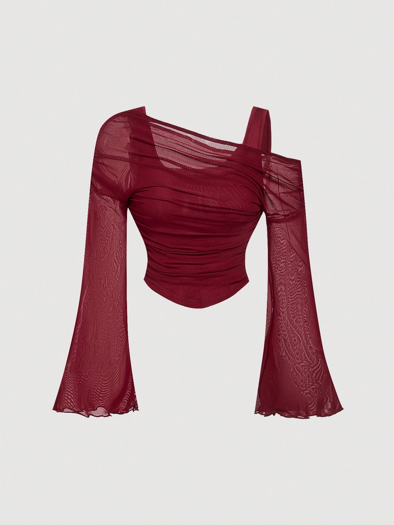 Girlism Teen Girl's Red/Off-The-Shoulder Mesh Two-In-One/Flared Sleeve Long-Sleeved Top Western Retro/Elegant
