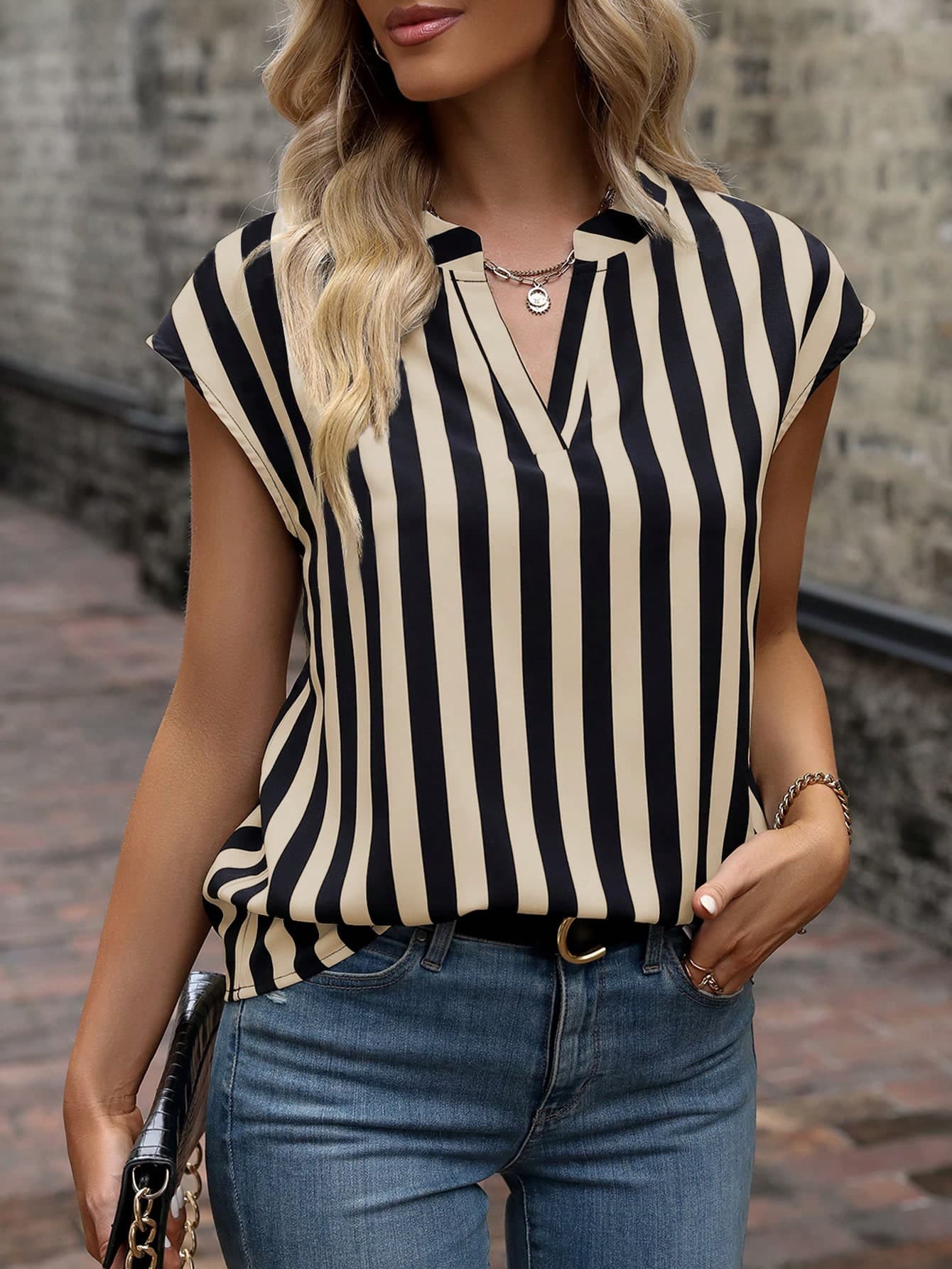 EMERY ROSE Notched V-Neck Stripe Print Elegant Office Wear Short Sleeve Blouse