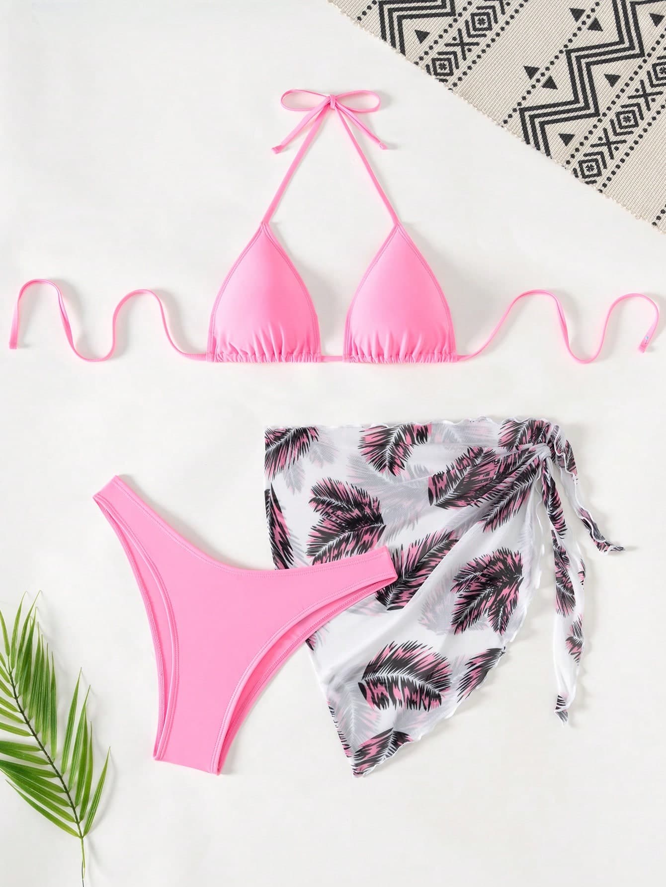 Swim Vcay 3pcs Women's Tropical Floral Print Halter Neck Bikini Swimwear Set, Summer Beach