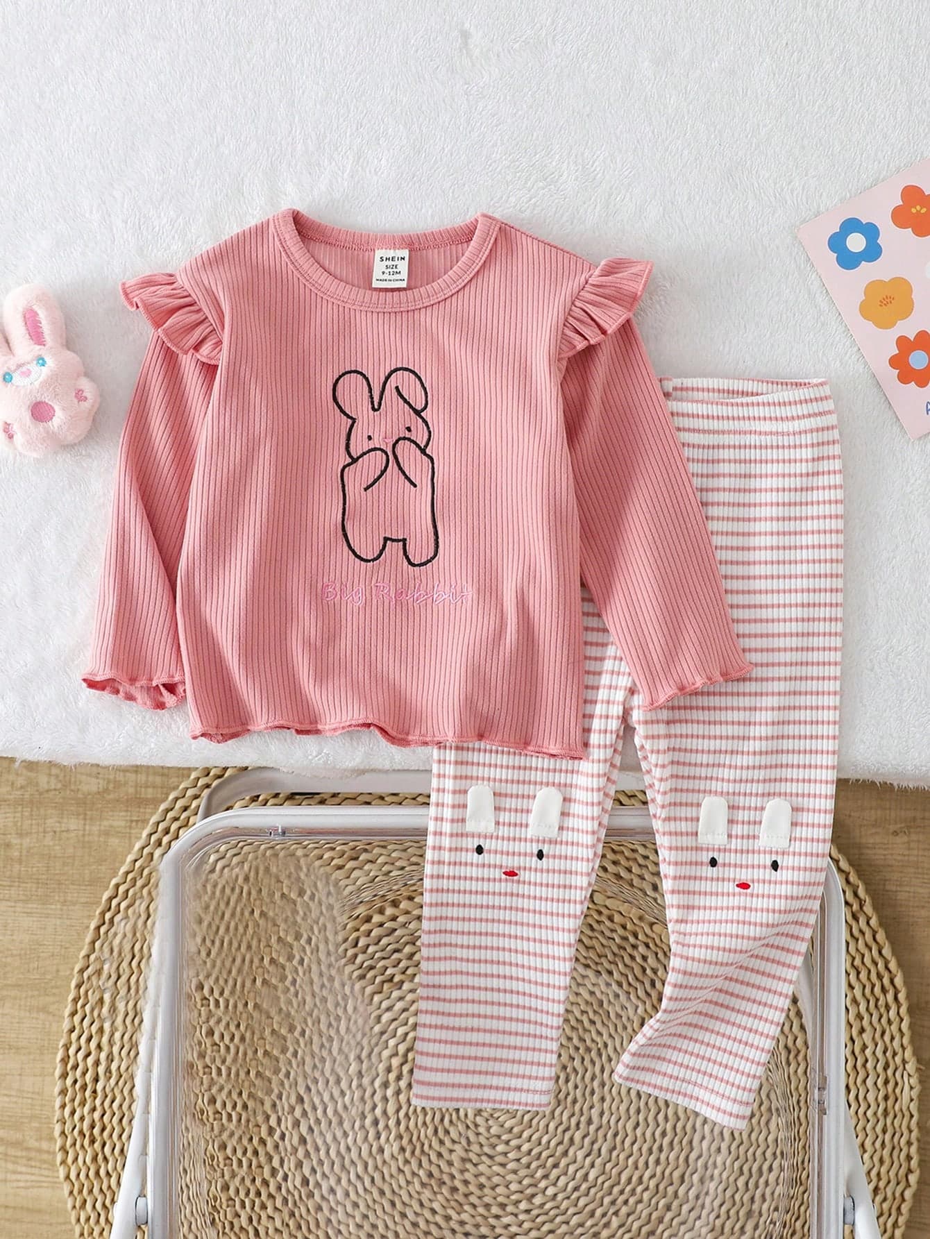 Baby Girl Pink Crew Neck Long Sleeve Top With Bunny Embroidery & Striped Pants Casual Loungewear Set, Autumn/Winter