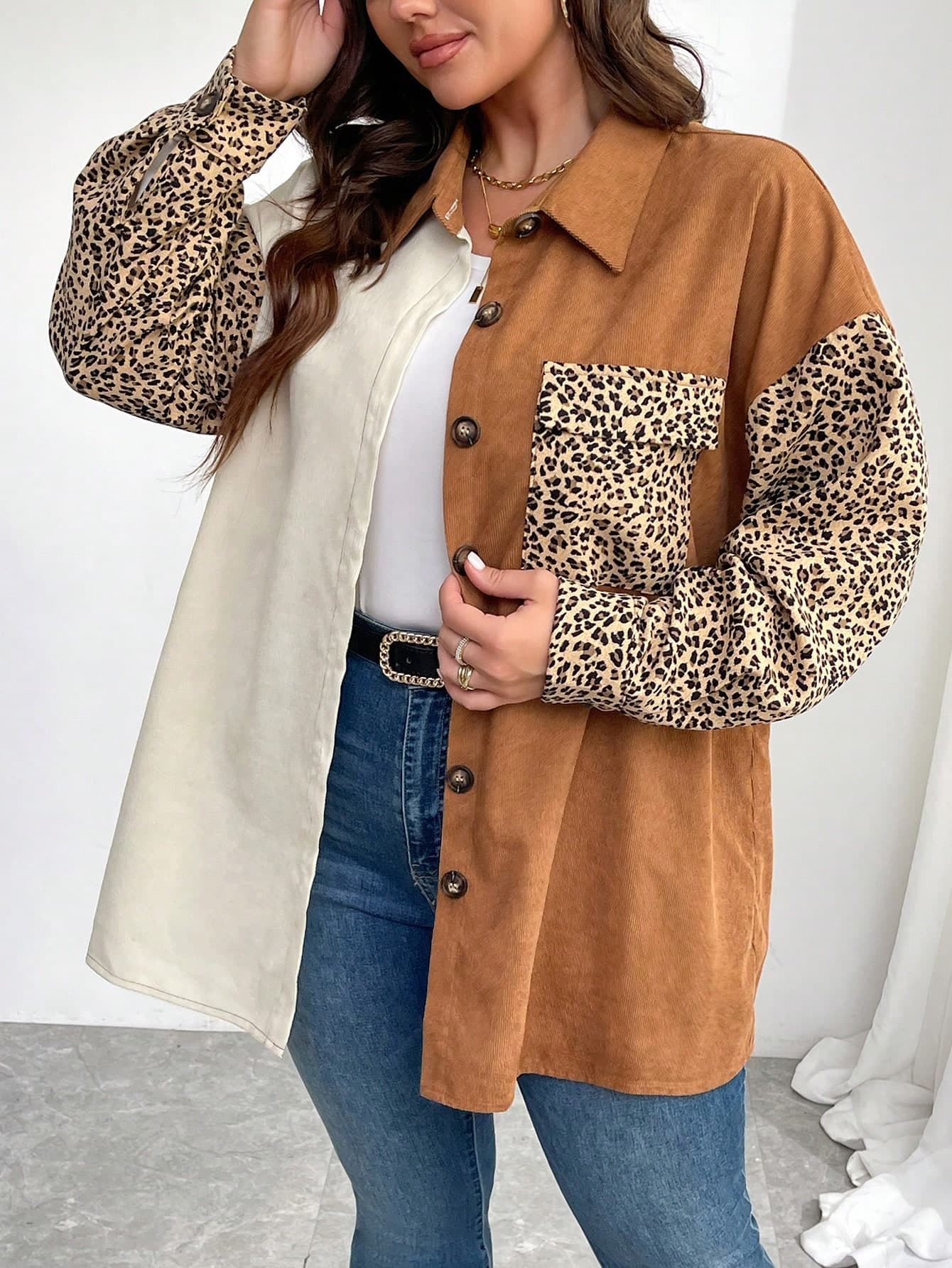 SHEIN LUNE Plus Size Leopard Print Patchwork Color Block Casual Jacket, Autumn Winter Fall