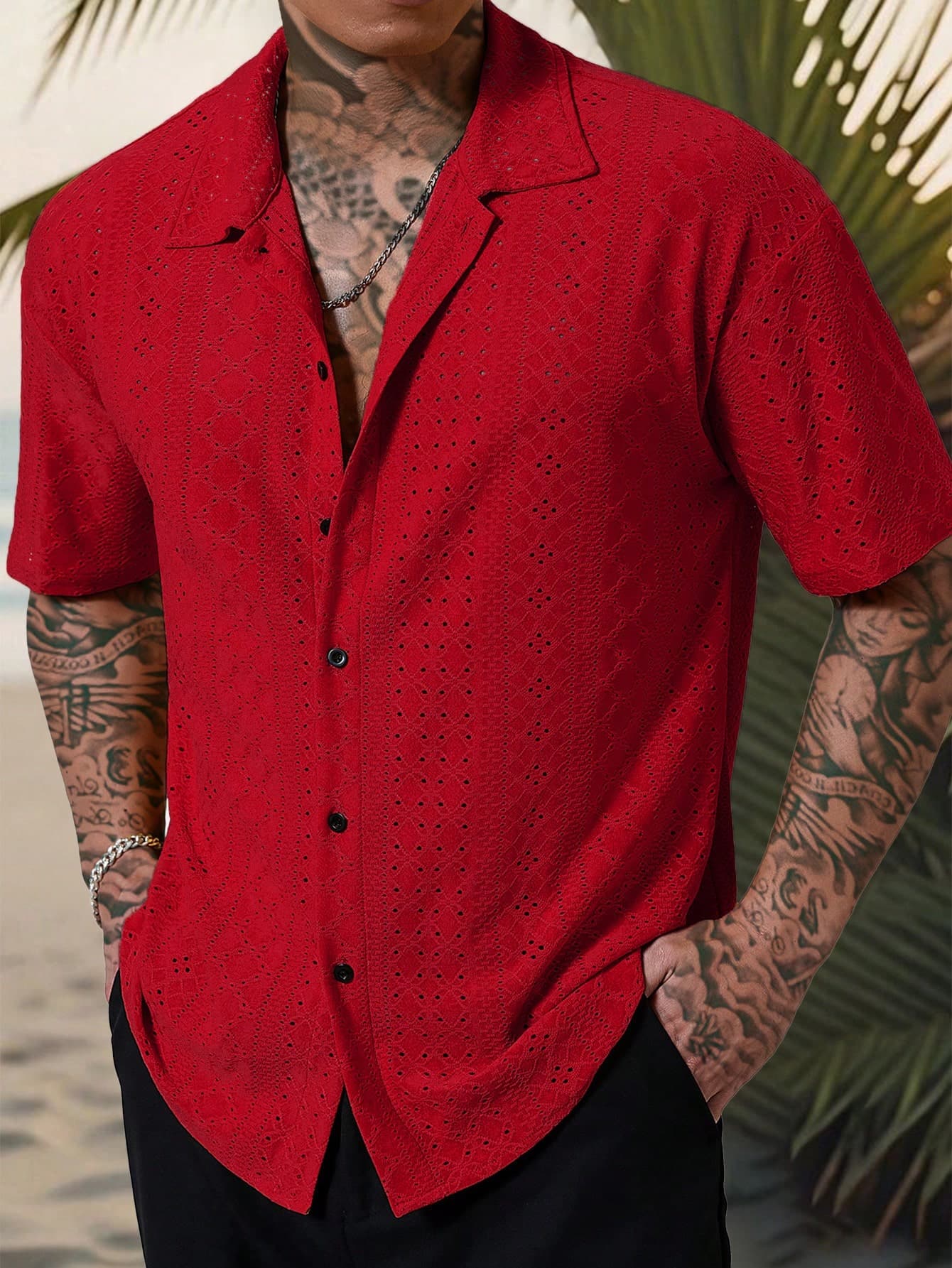 Manfinity RSRT Men's Red Summer Casual Vacation Holiday Knitted Geometric Striped Crochet Textured Jacquard Loose Short-Sleeve Single-Breasted Hawaiian Beach Shirt