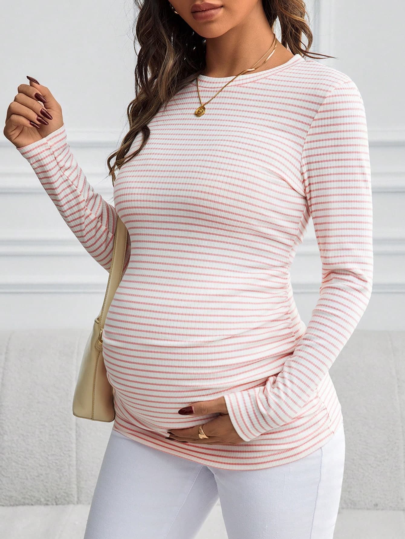 SHEIN Maternity Striped Round Neck Long Sleeve Slim Casual T-Shirt, Autumn World Cup Fall