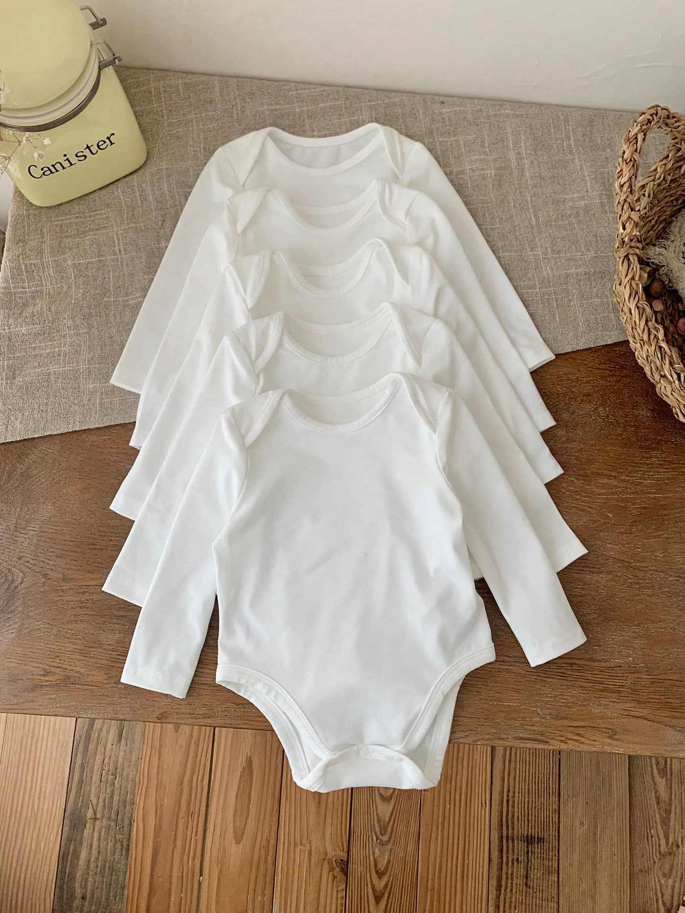 SHEIN LMoss Kids 5pcs/Set Newborn Baby Girls Cute White Long Sleeve Bodysuit Set, Autumn/Winter