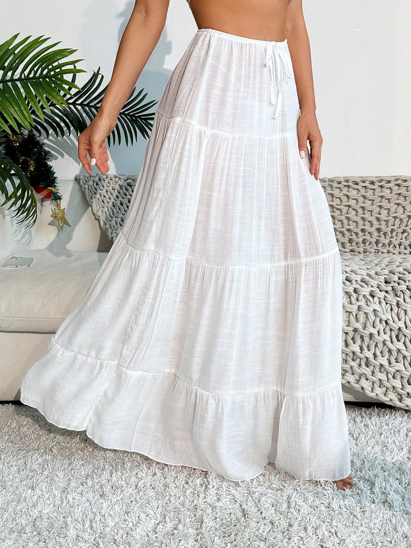 Swim Vcay Summer Beach Knotted Waist & Ruffled Hem Cover Up Skirt Music Festival