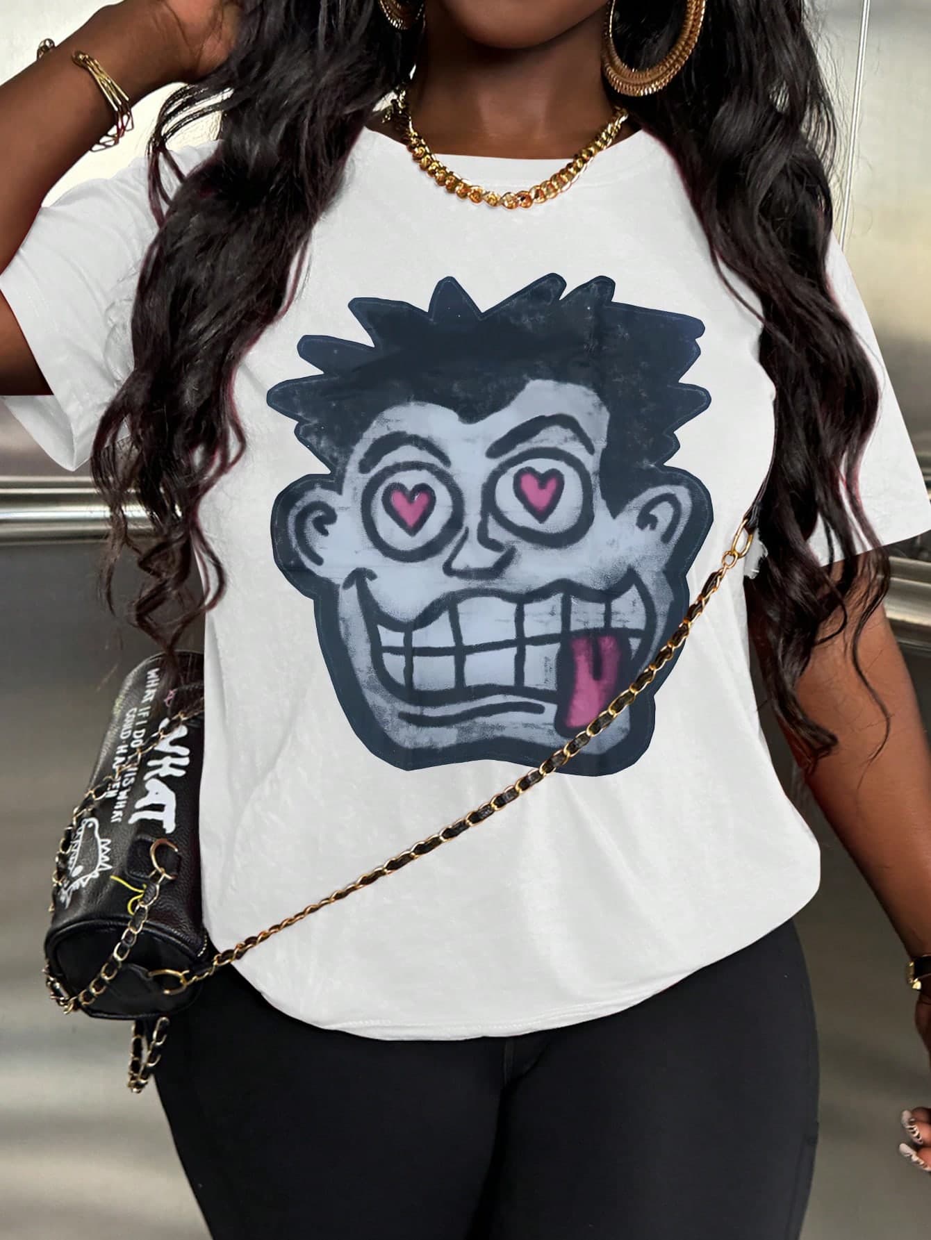 SHEIN EZwear Women's Cartoon Character Print Loose Fit Crew Neck Short Sleeve Fashionable T-Shirt