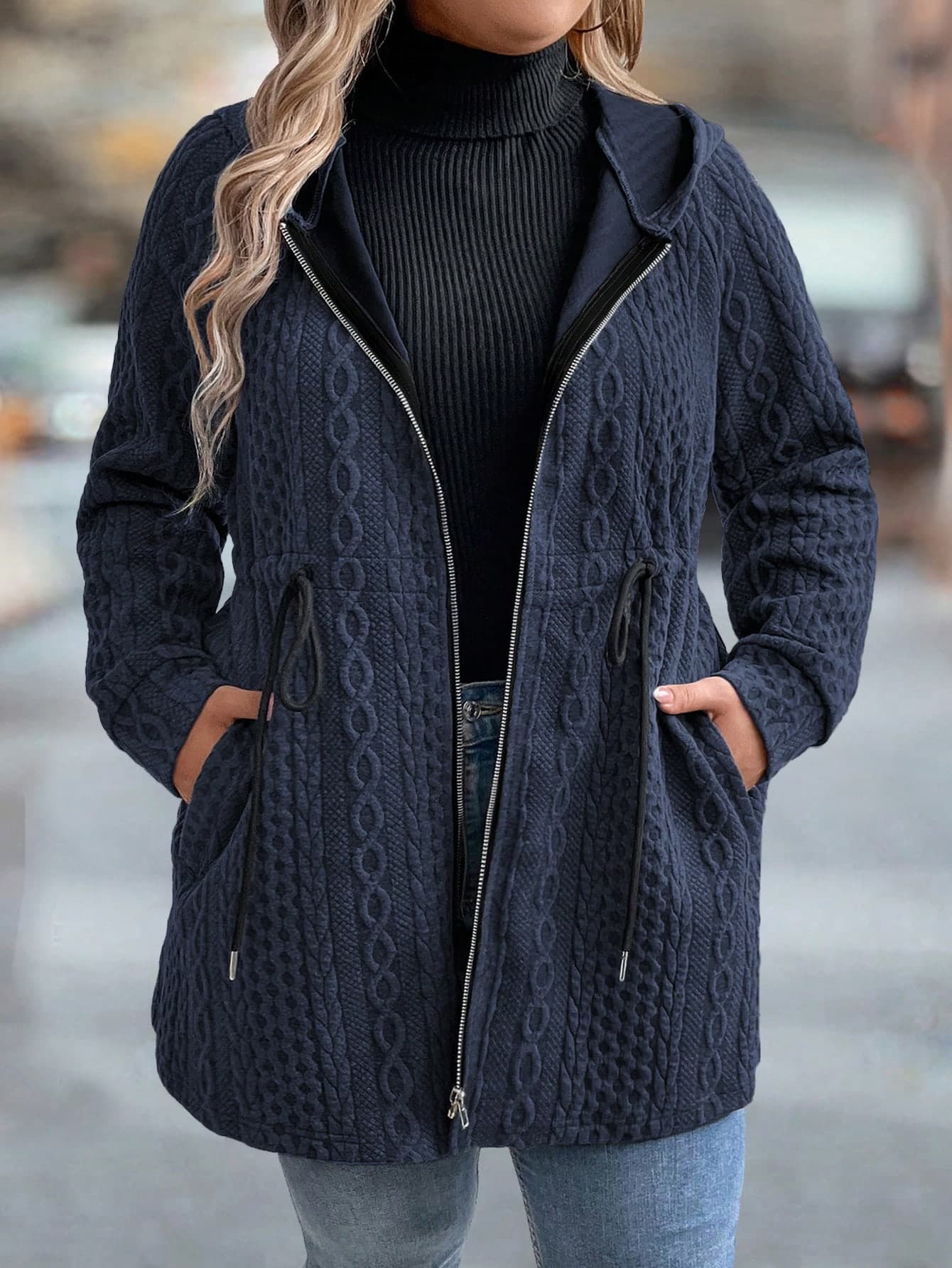 SHEIN LUNE Plus Size Plain Hooded Zipper Pocket Casual Long Sleeve Jacket Fall Winter Cloth For Women Autumn